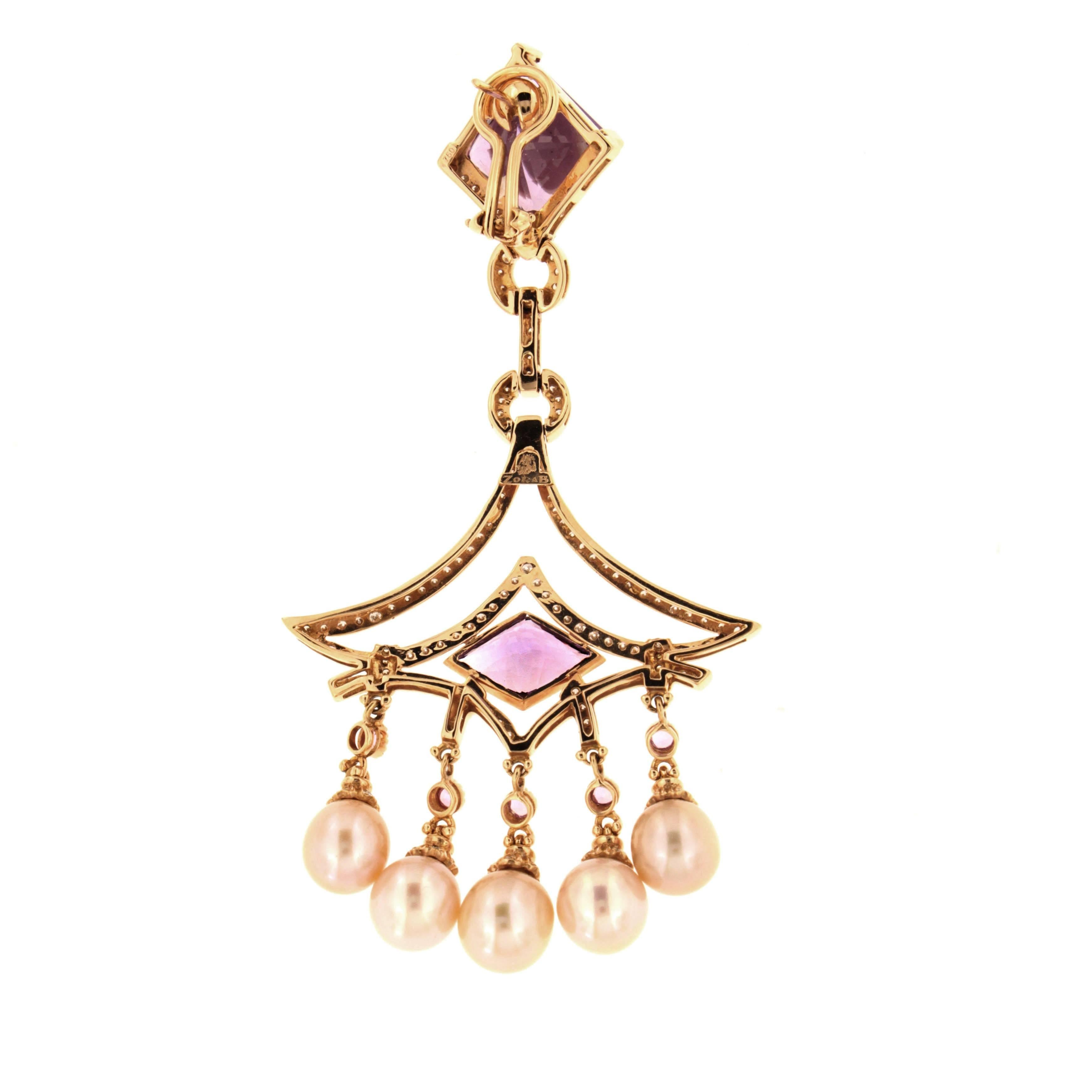 Women's Zorab Creation Amethyst Quartz Pearl and Sapphire Diamond Earrings 18 Karat Gold For Sale