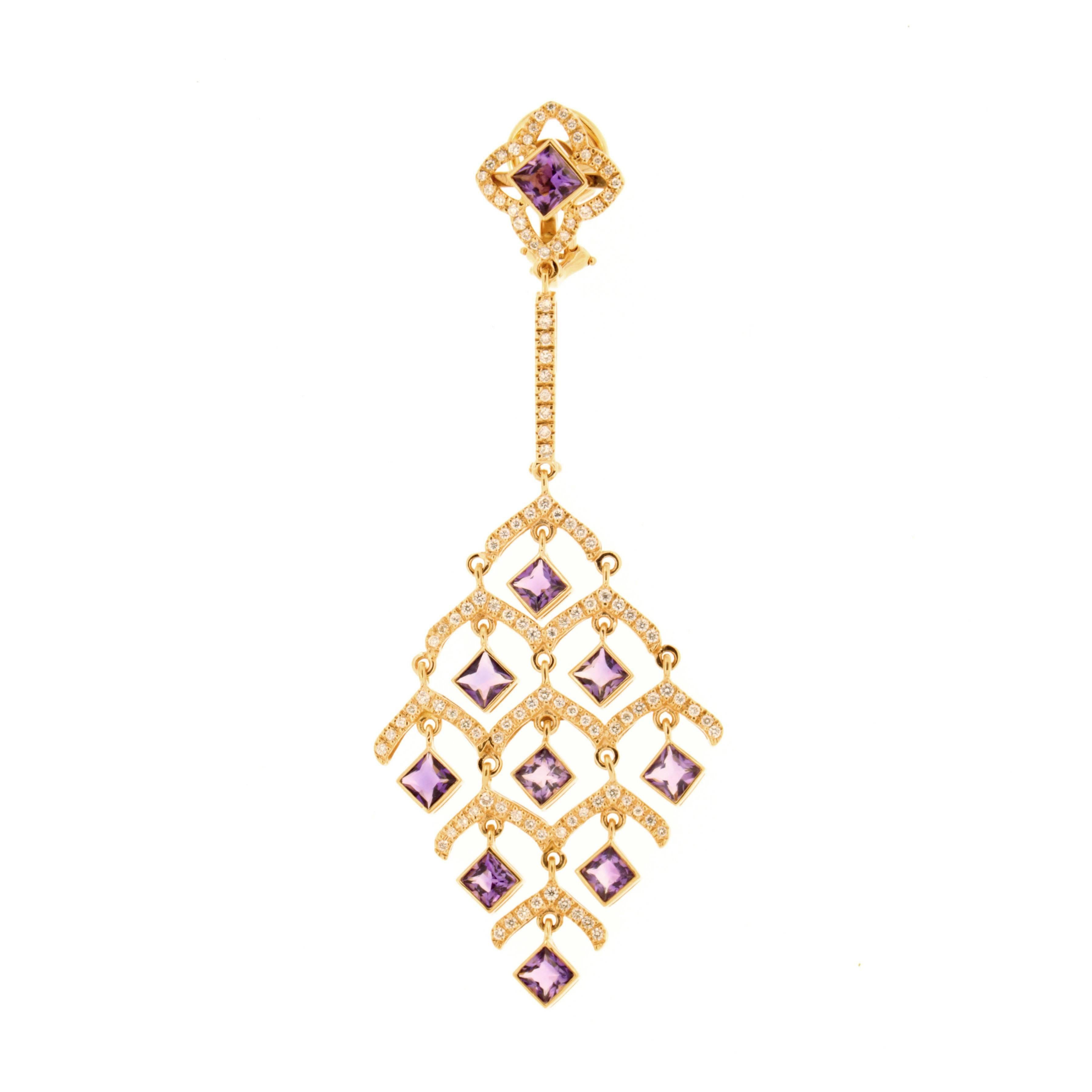The definite bold and classic statement piece! Zorab's 7.27 Carat Amethyst Quartz and 1.98 Carat White Diamonds set on 18 Karat  Rose Gold stunning chandelier earrings do not require any complimentary pieces as it amounts to a full set of jewelry on