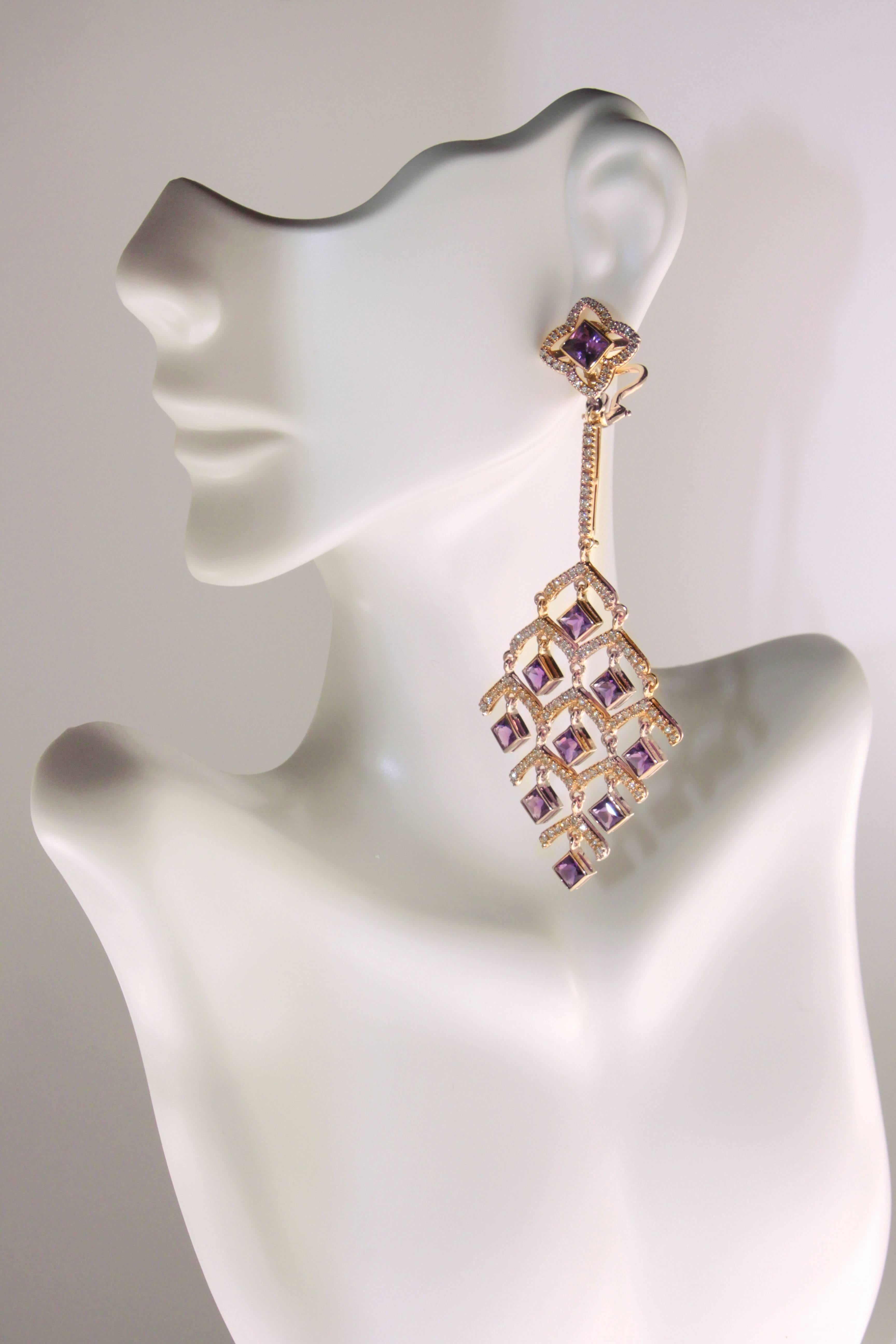 Zorab Creation, Kronleuchter-Ohrringe aus Roségold mit Amethystquarz und Diamant (Zeitgenössisch) im Angebot