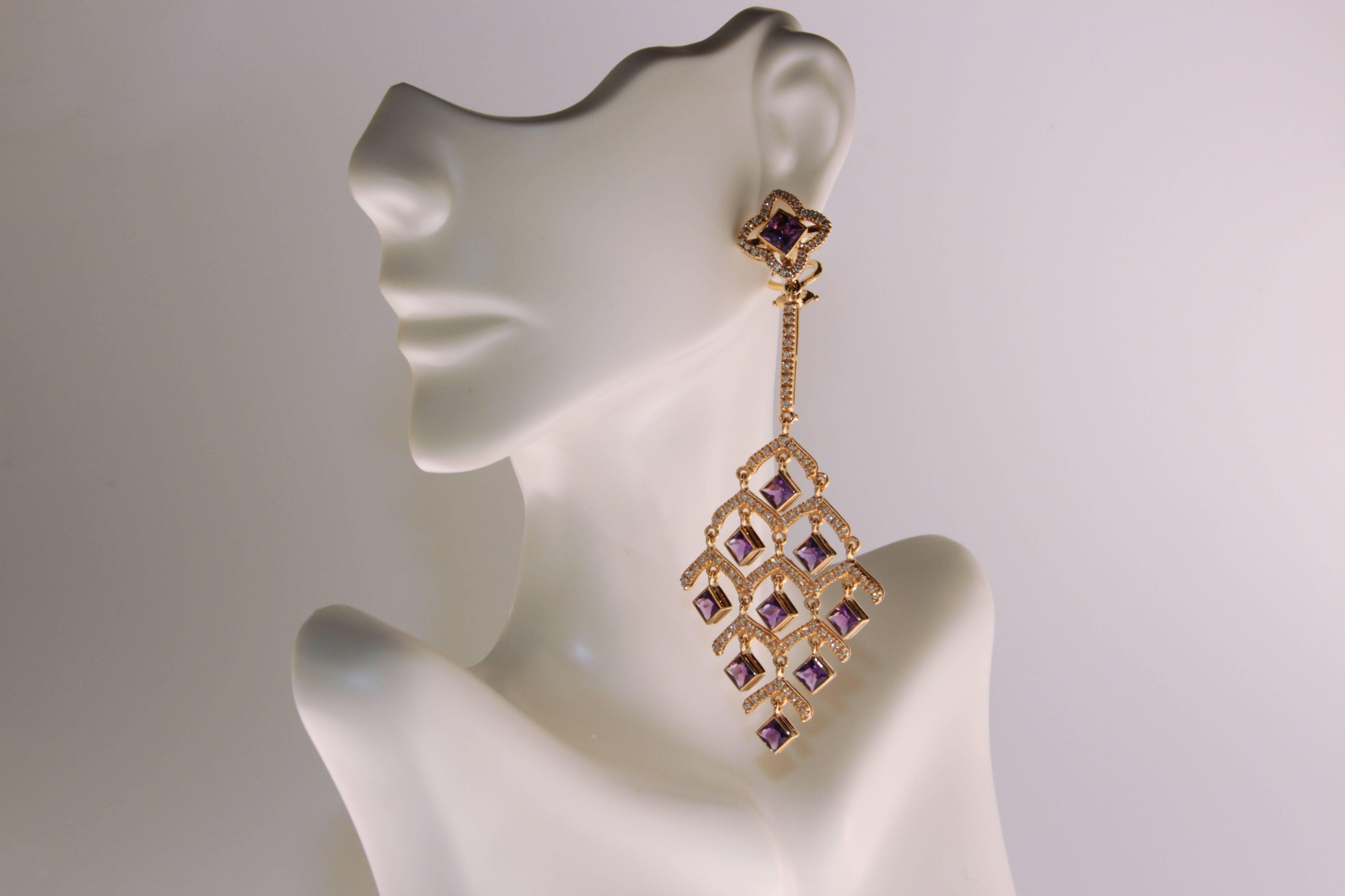 Zorab Creation, Kronleuchter-Ohrringe aus Roségold mit Amethystquarz und Diamant (Carréeschliff) im Angebot
