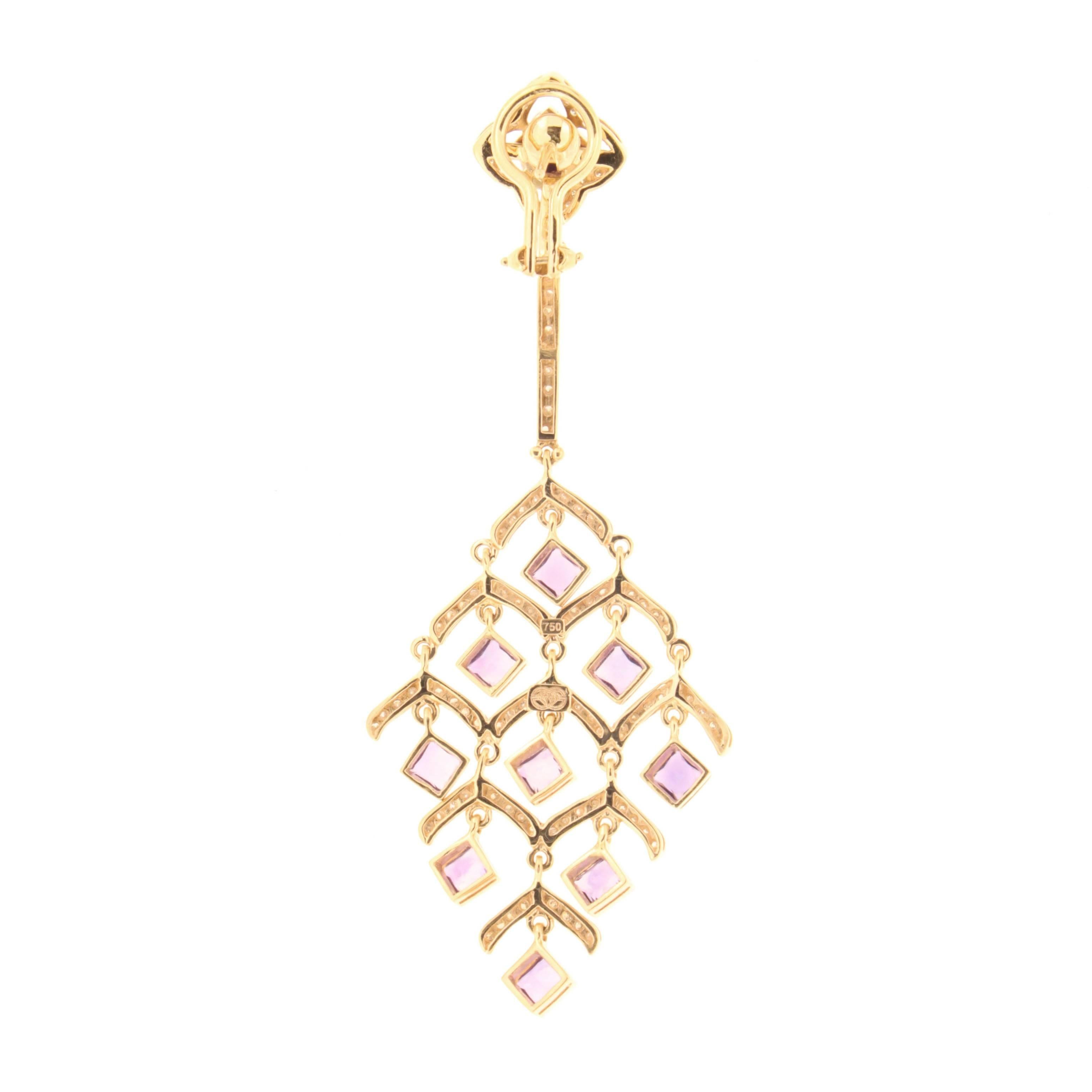 Square Cut Zorab Creation Amethyst Quartz and Diamond Rose Gold Chandelier Earrings For Sale