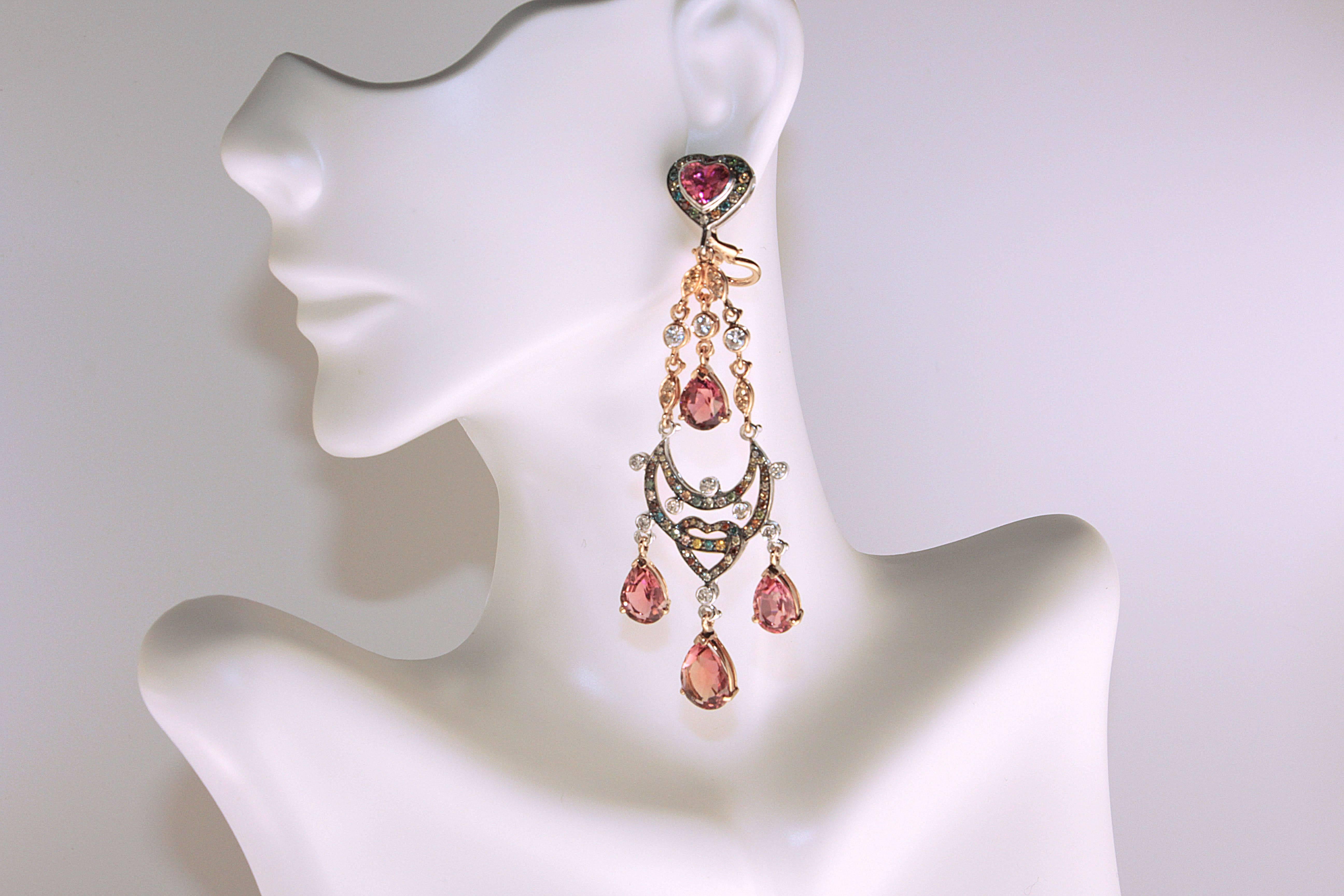 Zorab Creation Rosa Turmalin Mehrfarbige Diamant-Saphir-Kronleuchter-Ohrringe (Zeitgenössisch) im Angebot