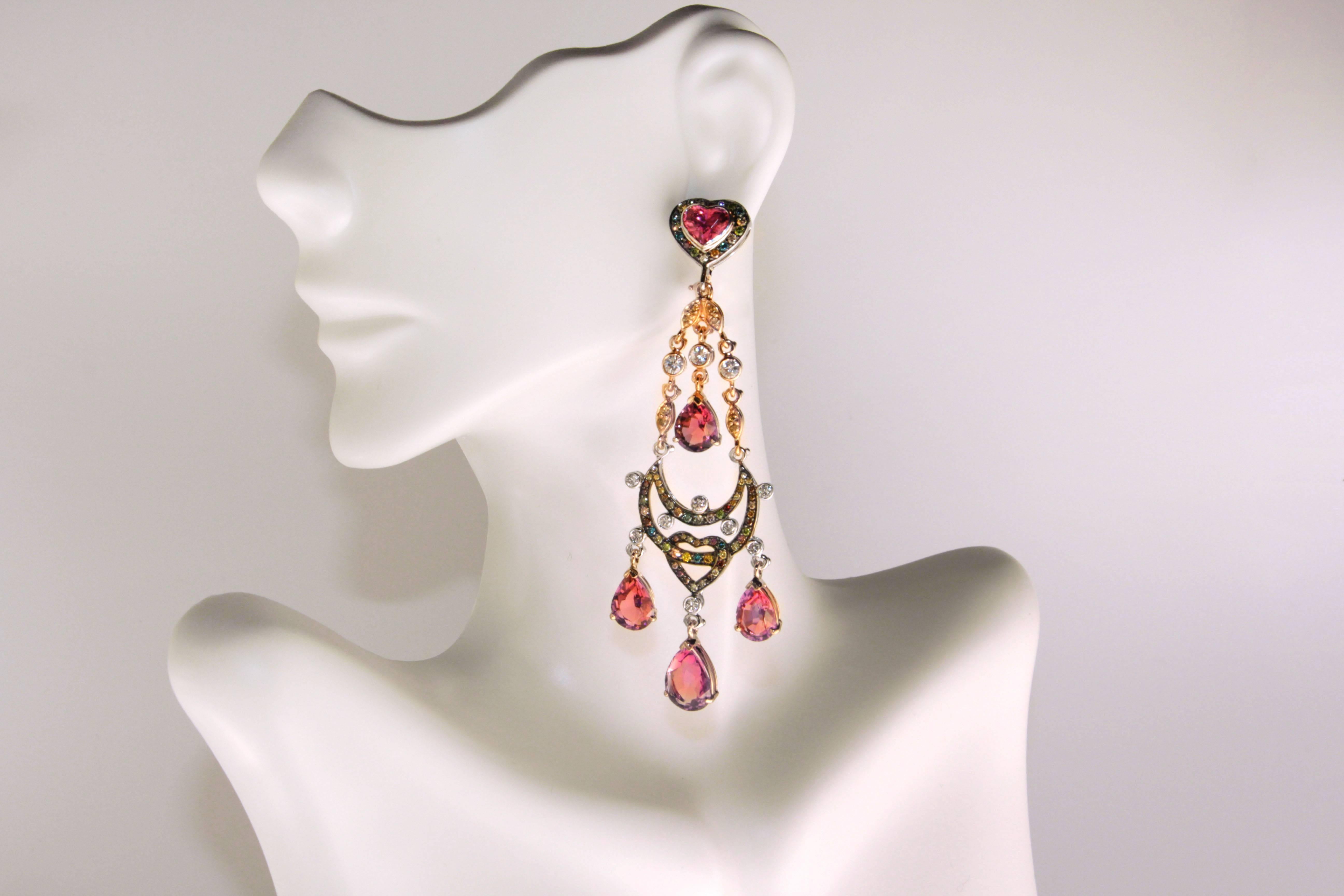 Zorab Creation Rosa Turmalin Mehrfarbige Diamant-Saphir-Kronleuchter-Ohrringe im Zustand „Neu“ im Angebot in San Diego, CA