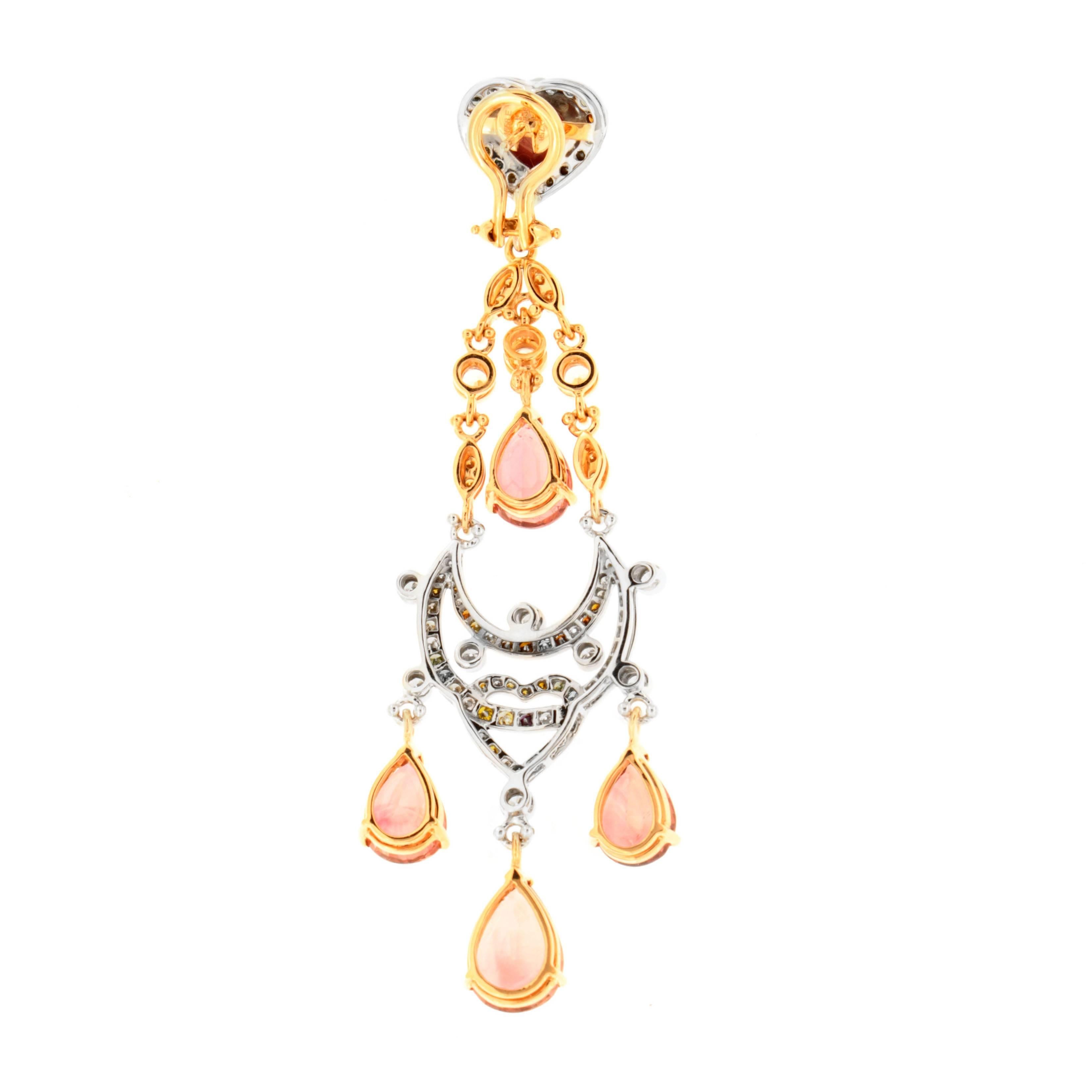 Zorab Creation Rosa Turmalin Mehrfarbige Diamant-Saphir-Kronleuchter-Ohrringe Damen im Angebot