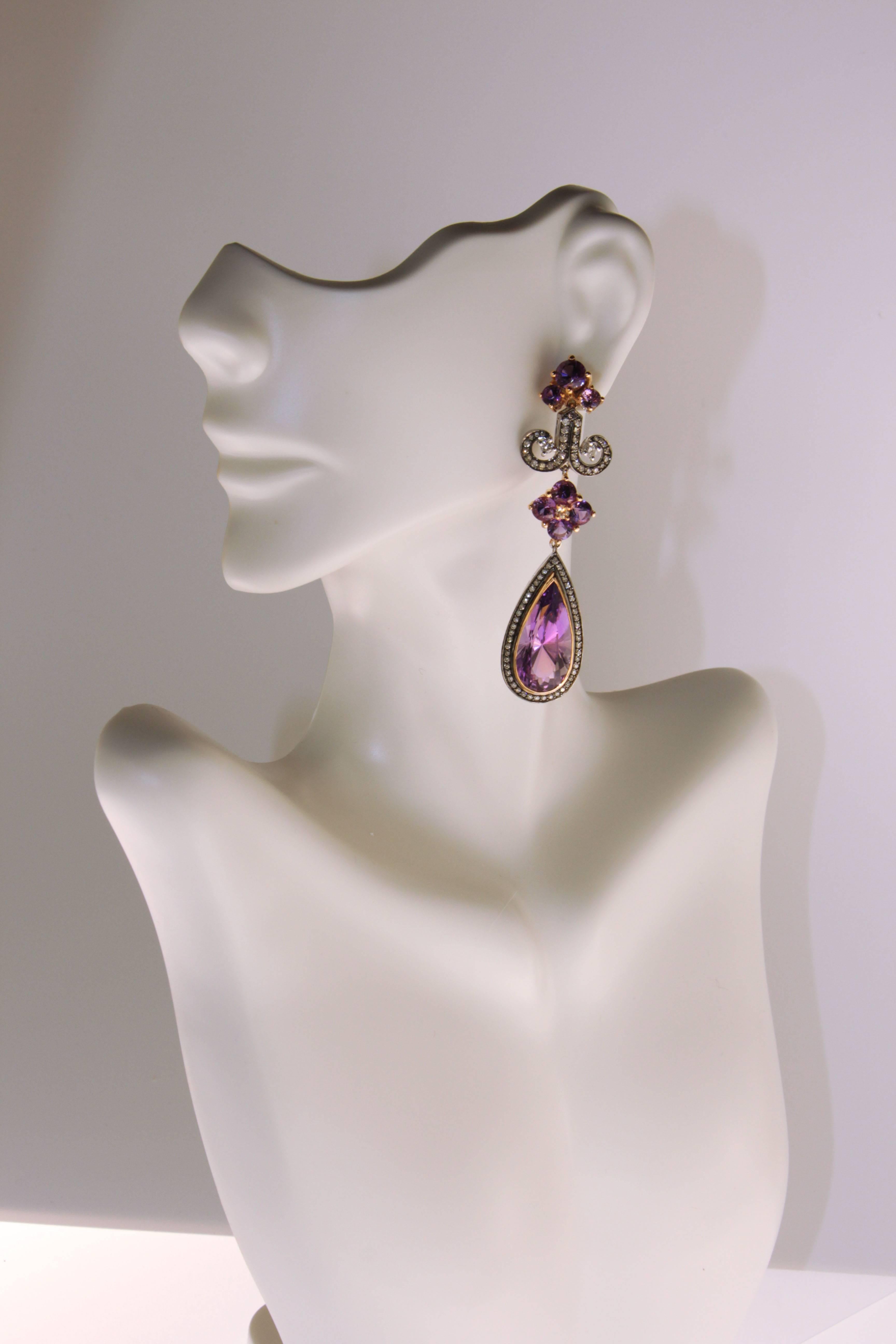 Contemporary Zorab Creation 20.20 Carat Amethyst Quartz Diamond Chandelier Earrings For Sale