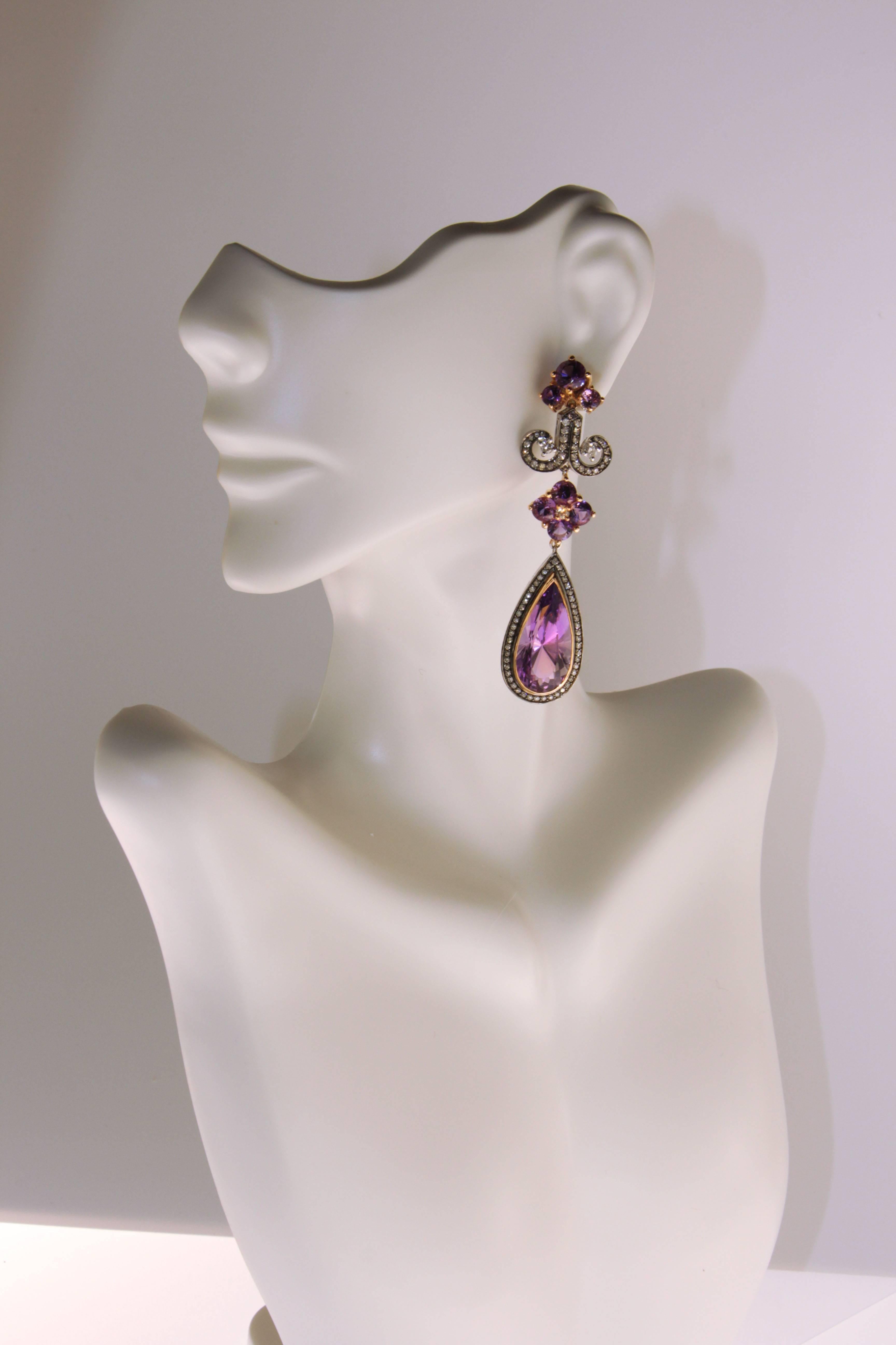 Contemporain Zorab Creation, boucles d'oreilles lustre en améthyste, quartz et diamants de 20,20 carats en vente
