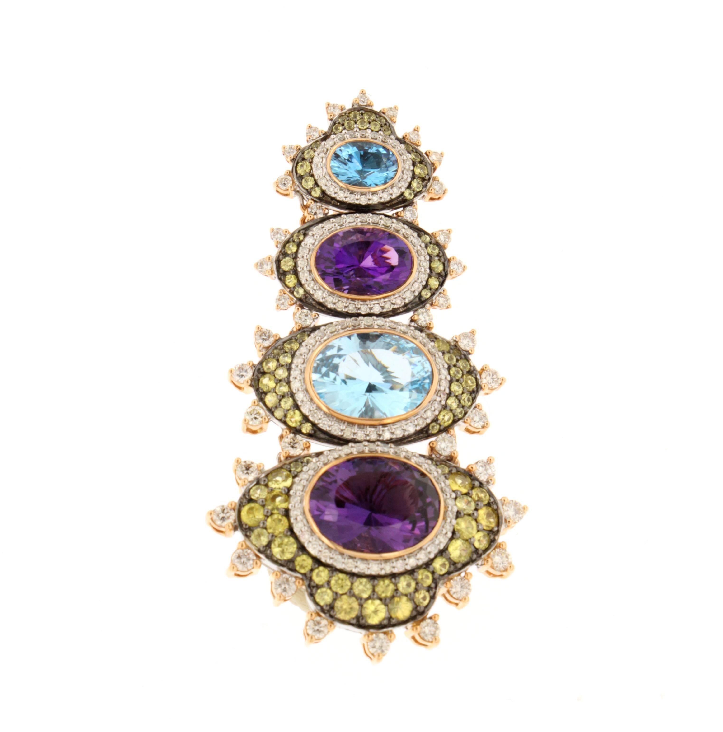With perfect fashion and form, create a dramatic look with Zorab's handcrafted 18 Kt Gold Dangle earrings featuring 13.80 Carats of Amethys Quartz, 11.50 Carats of Blue Topaz, 3.86 Carats of Yellow Sapphires and 3.36 Carats of White Diamonds. This