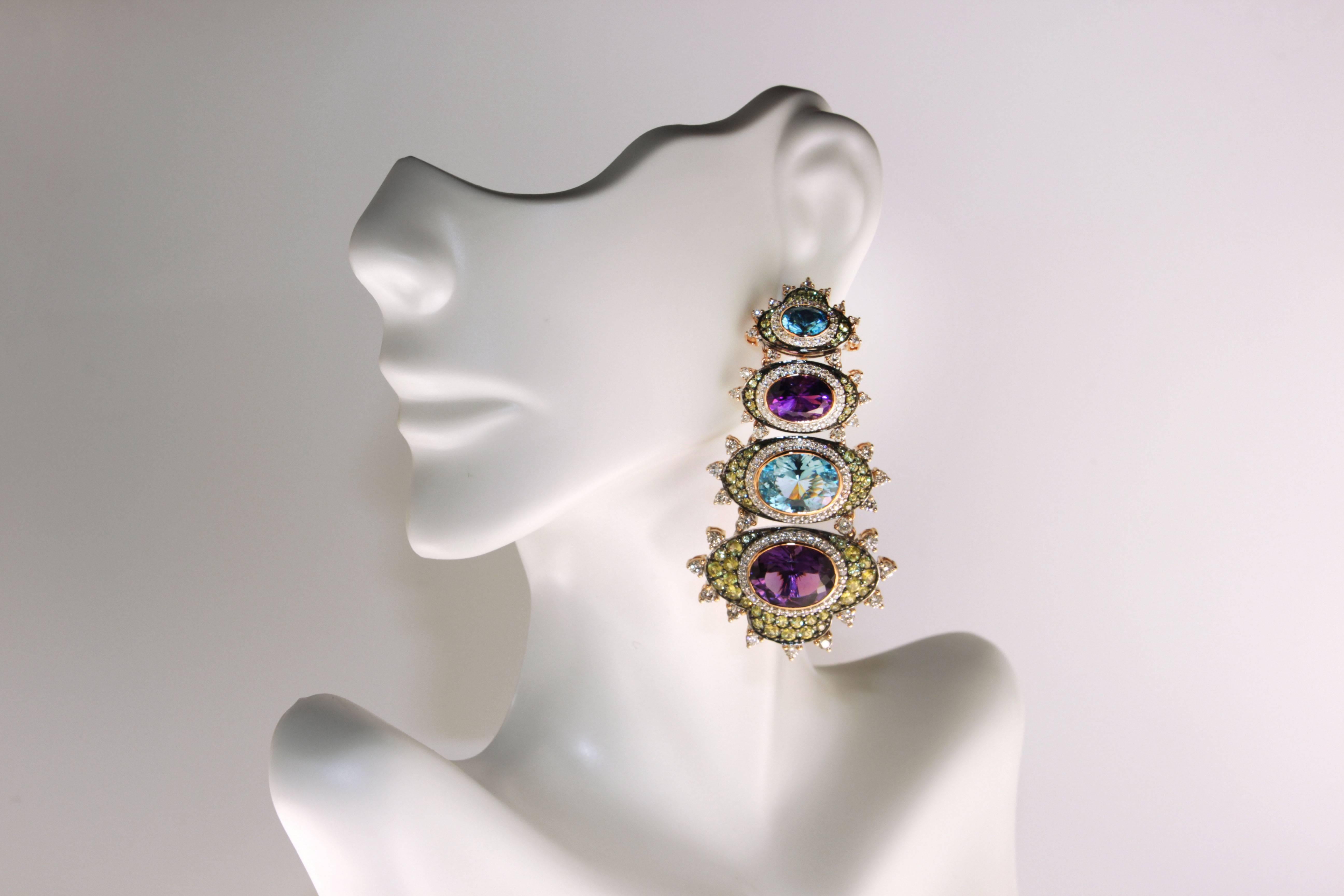 Contemporary Zorab Creation Amethyst Quartz Blue & Yellow Saphhire Diamond Drop Gold Earrings For Sale
