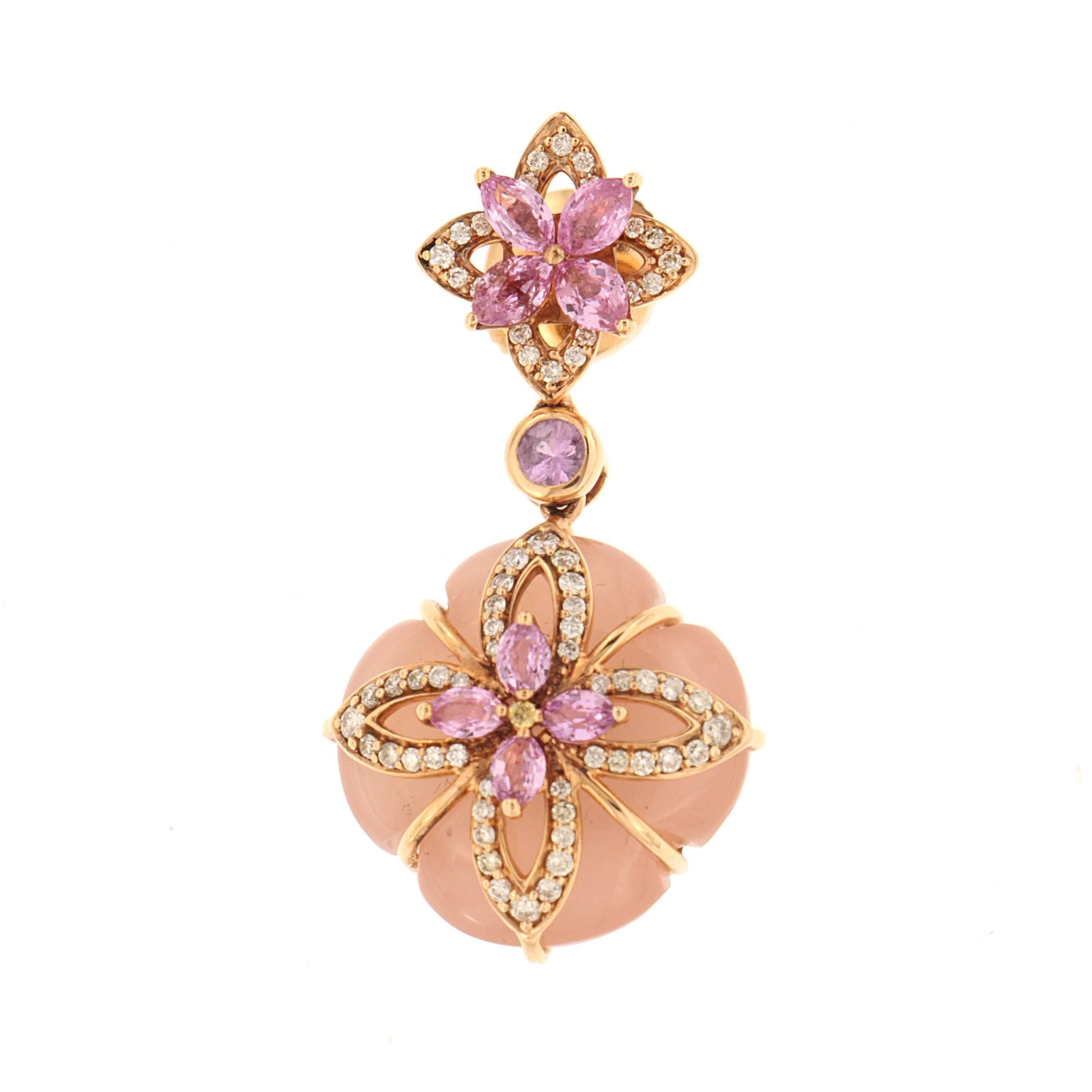 Be the envy of royalty with Zorab's 28.47 Carat Pink chalcedony 28.47 cushion style drop earrings, bow-tied with 0.53 Carats of White Diamonds and 1.96 Carats of pink sapphire 1.96. 

This item has a serial number and bears the stamp of authenticity