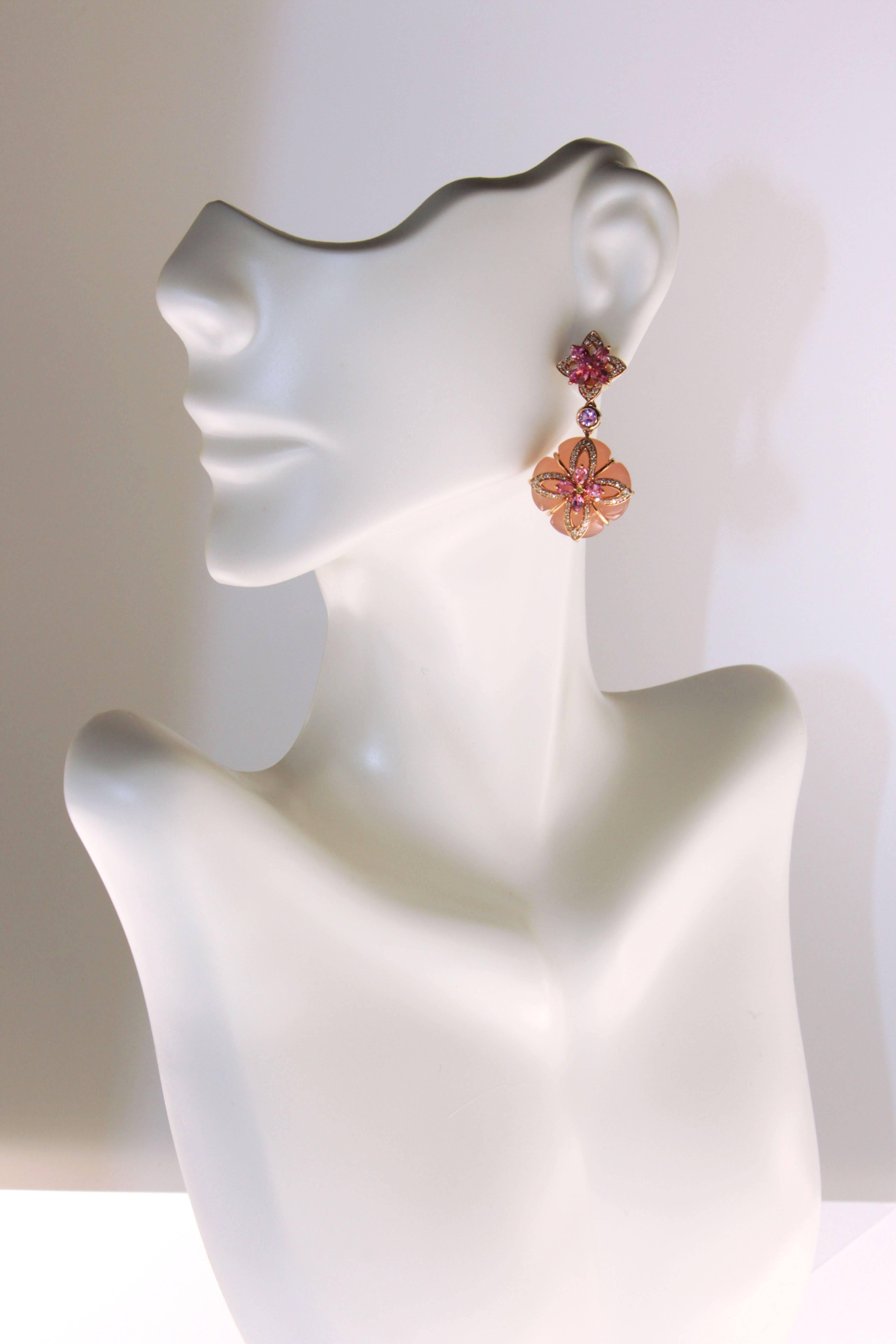 Contemporary Zorab Creation Pink Chalcedony, White Diamond and Pink Sapphire Drop Earrings For Sale