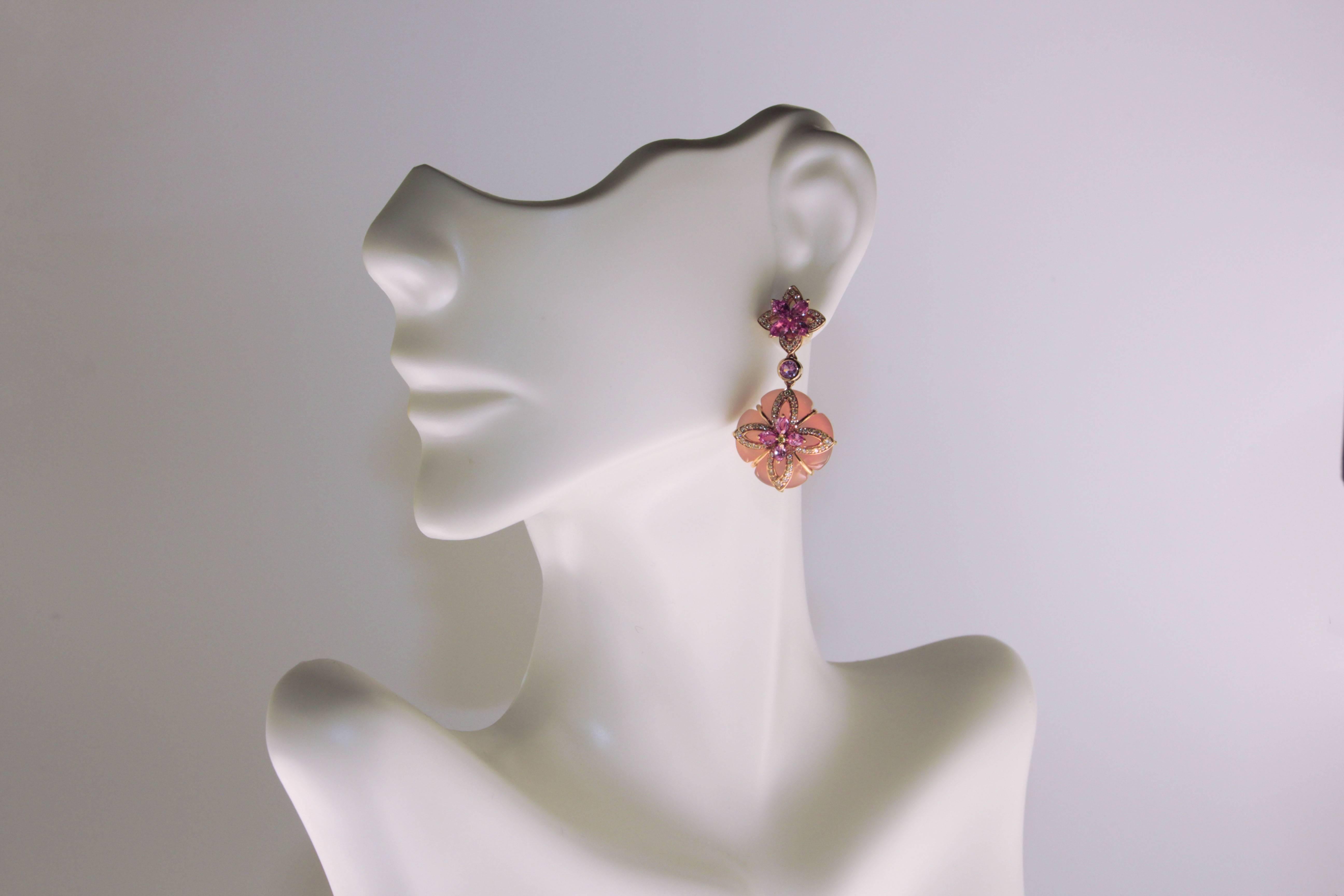 Zorab Creation Pink Chalcedony, White Diamond and Pink Sapphire Drop Earrings In New Condition For Sale In San Diego, CA