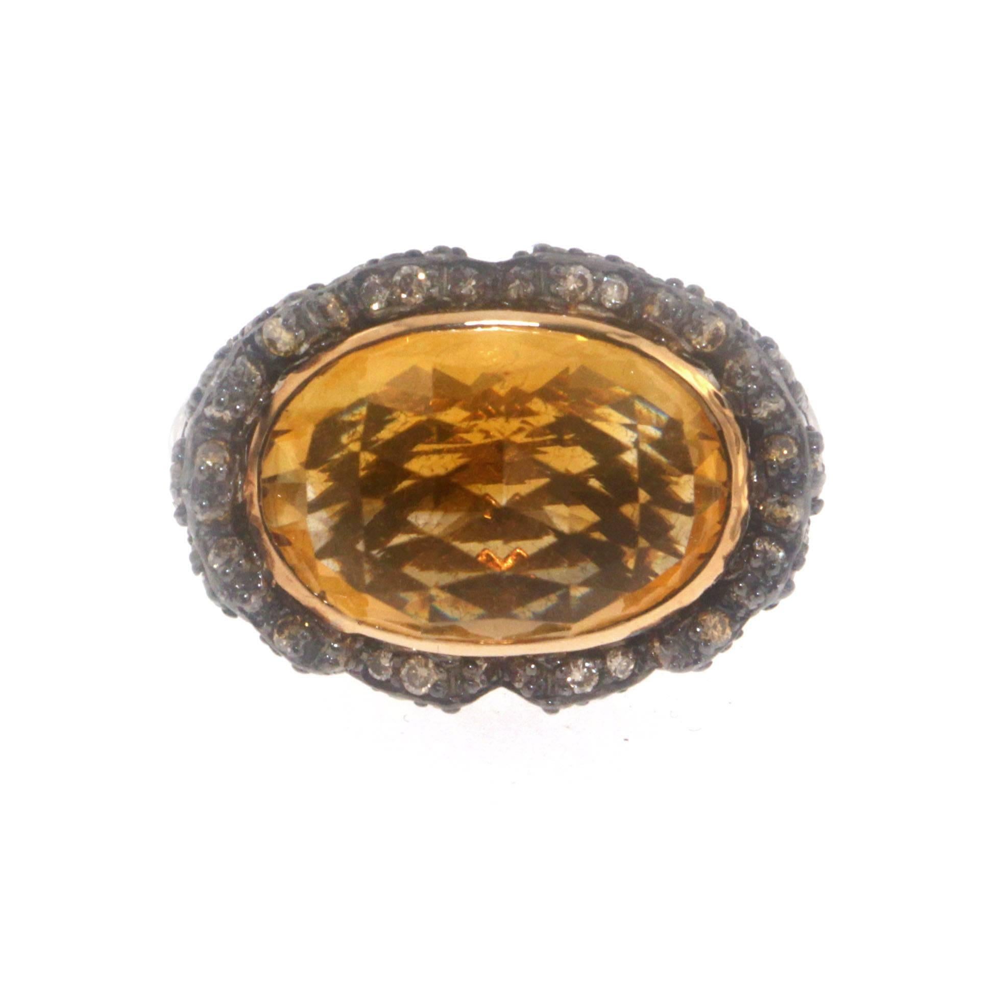For the jewelry lover who loves to make a bold statement! Zorab's hand-crafted 9.65 Carat Citrine center stone Bombe Cocktail Ring is set with 0.78 Carats of Brown Diamonds and 0.62 Carats of Yellow Diamonds, on 18 Karat Gold and Palladium; making