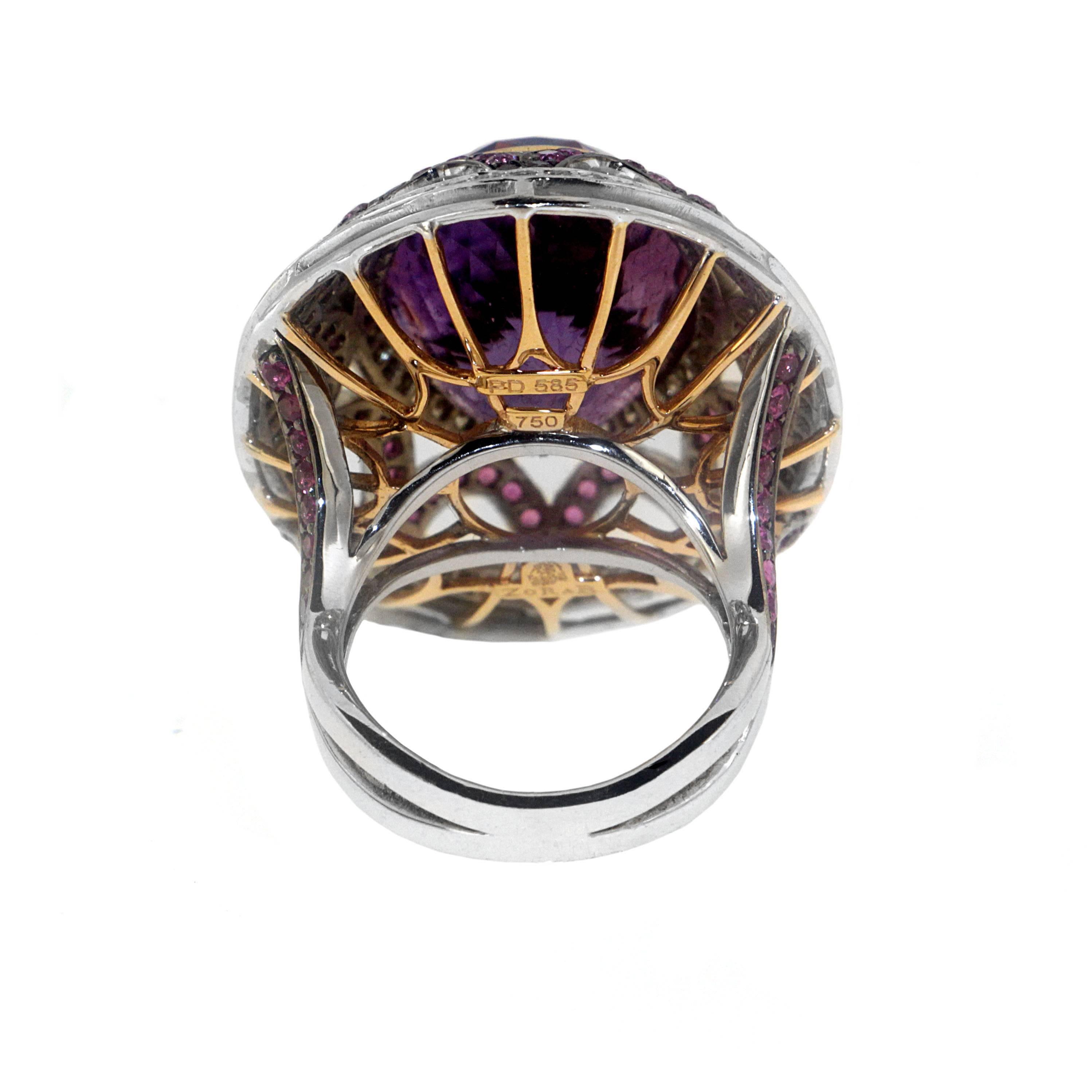Zorab Creation Anello da cocktail in quarzo ametista, zaffiro rosa e diamante bianco in oro In condizioni Nuovo in vendita a San Diego, CA