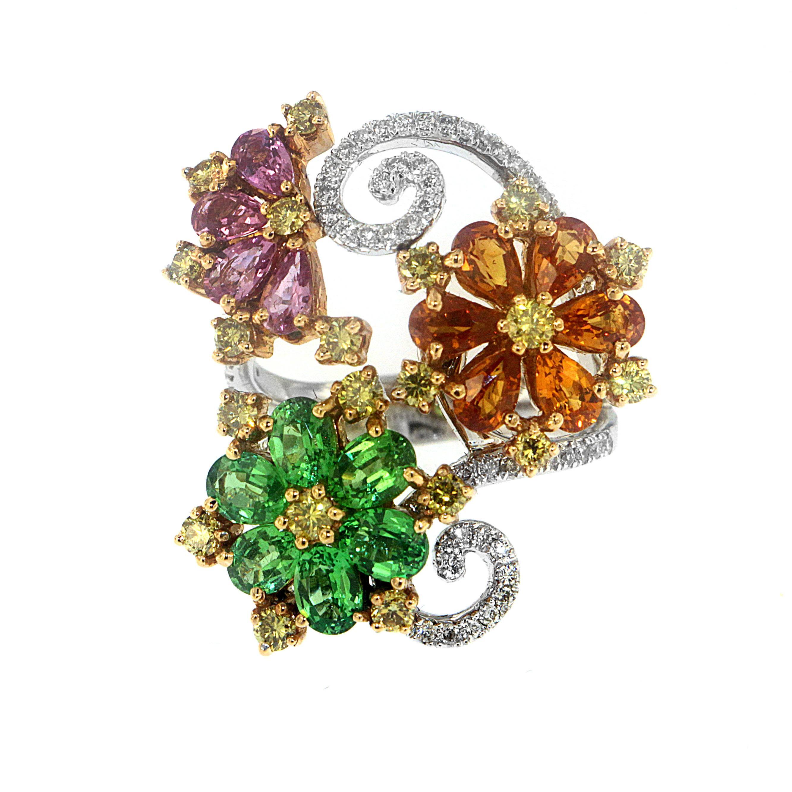 Zorab's swirling bouquet with Orange (1.84 carats) and Pink (0.90) Sapphires and Tsavorite Garnet (2.30 carats) petals is both a testament to his love of the beautiful and the aesthetic and an invitation to the enchanted world of flowers. This