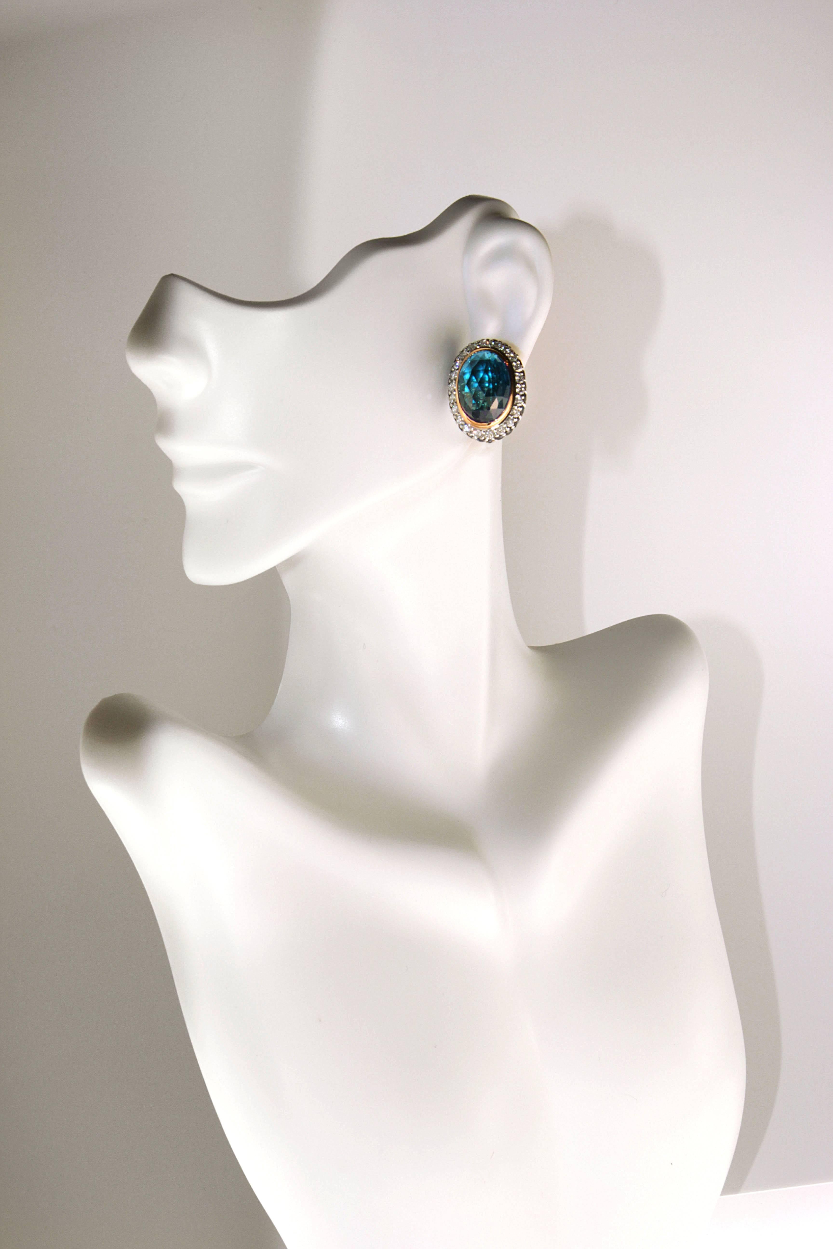 Contemporary Zorab Creation 18.69 Carat Blue Topaz Sapphire Diamond Classic Gold Earrings For Sale