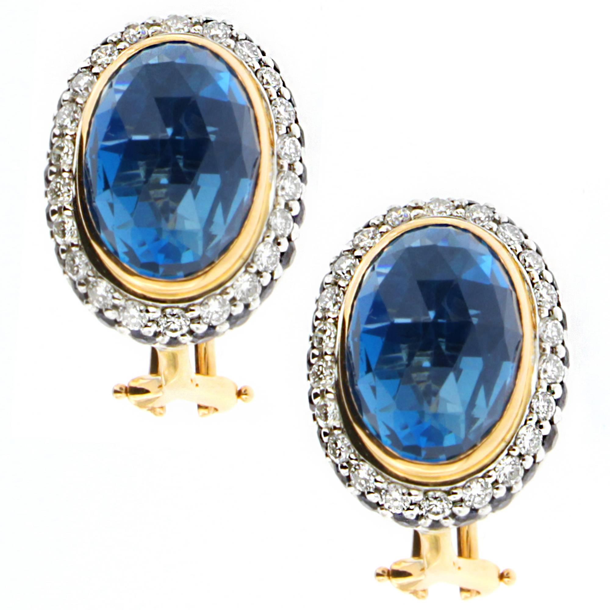 Women's Zorab Creation 18.69 Carat Blue Topaz Sapphire Diamond Classic Gold Earrings For Sale