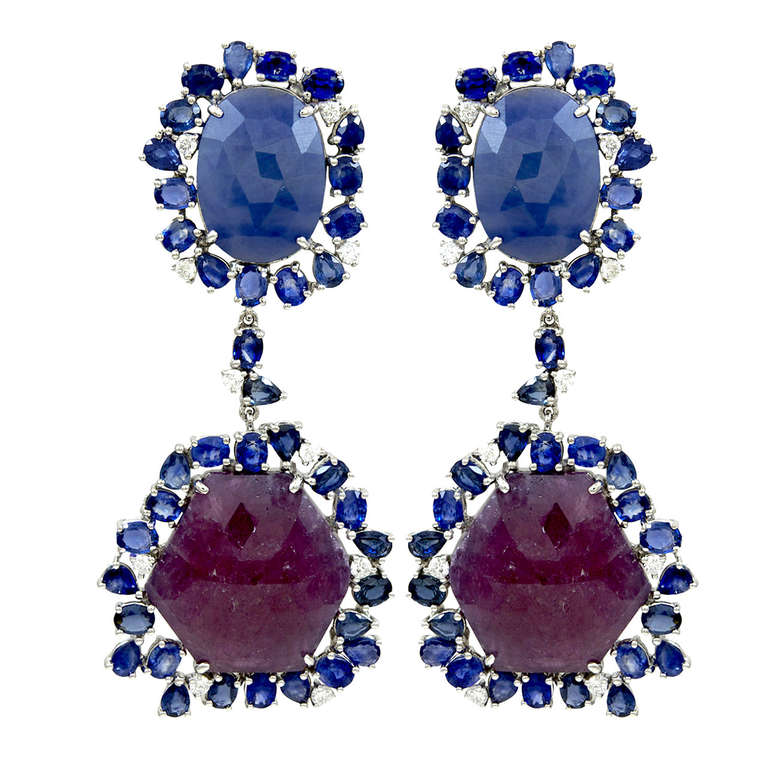 Sliced Ruby, Sapphire and Diamond Earrings