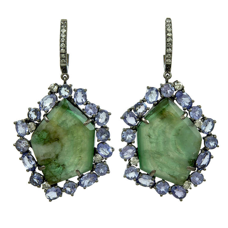 Sliced Emerald and Tanzanite Earrings at 1stDibs