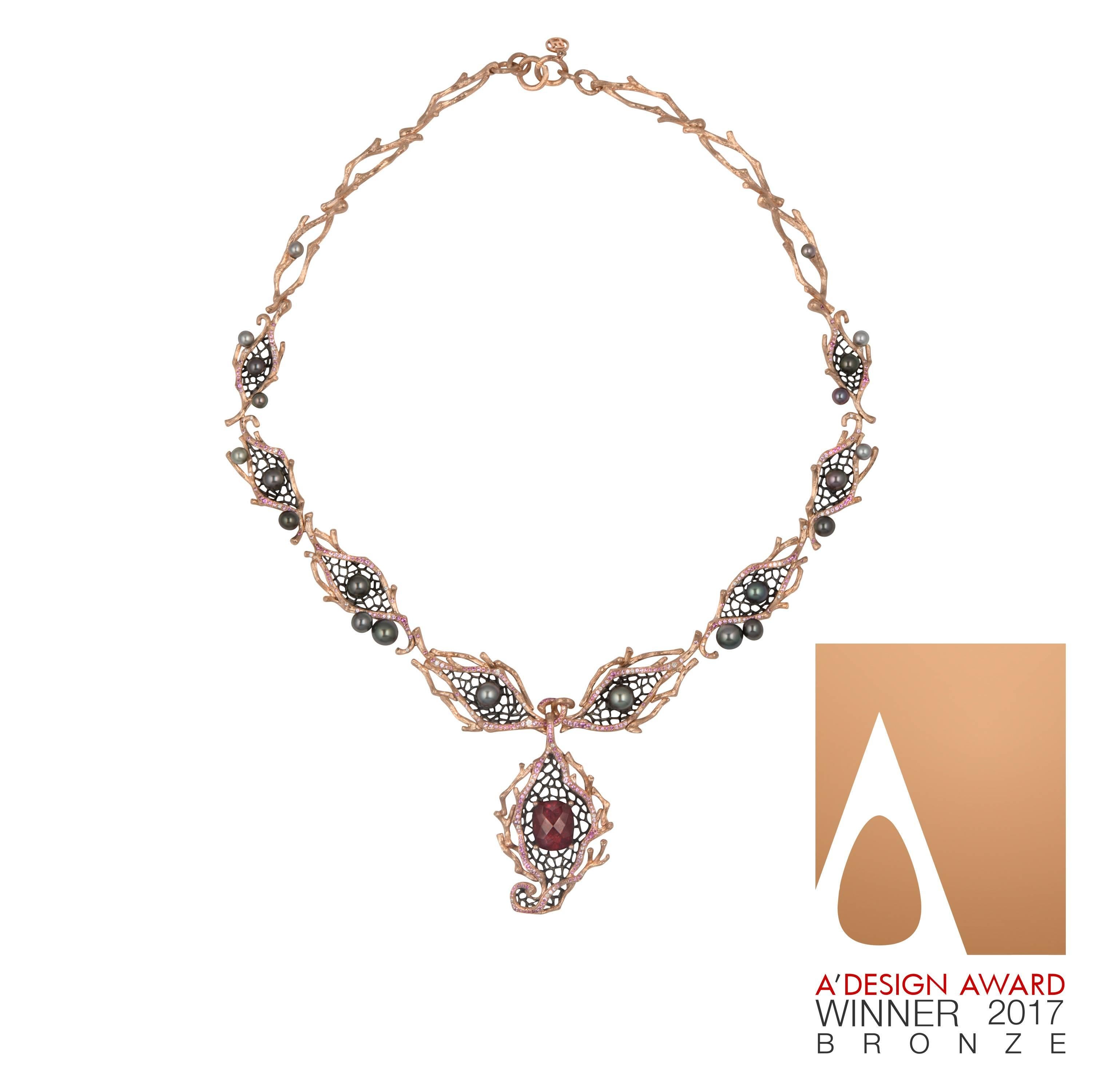 Women's 18 Karat Rose Gold Red Garnet, Keshi Pearl, Sapphire and Diamond Necklace For Sale