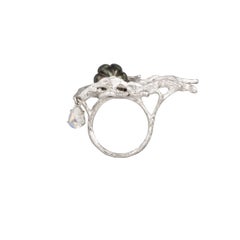 18 Karat Gold Hand-Carved Black Tahitian Pearl, Moon Stone and Sapphire Ring