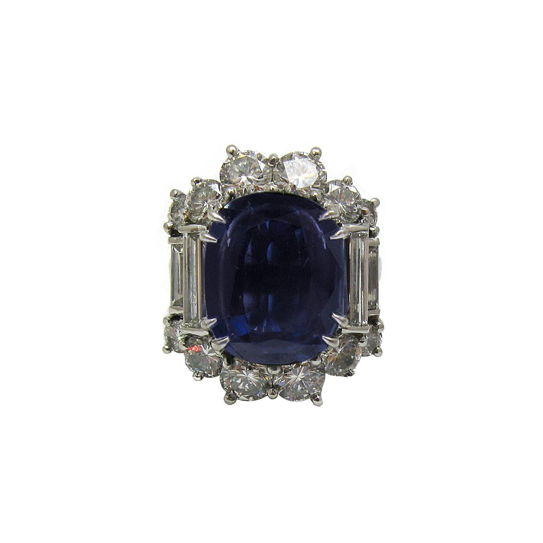 Contemporary 6.59 Carat Cushion Cut Blue Sapphire and Diamond Ring in Platinum