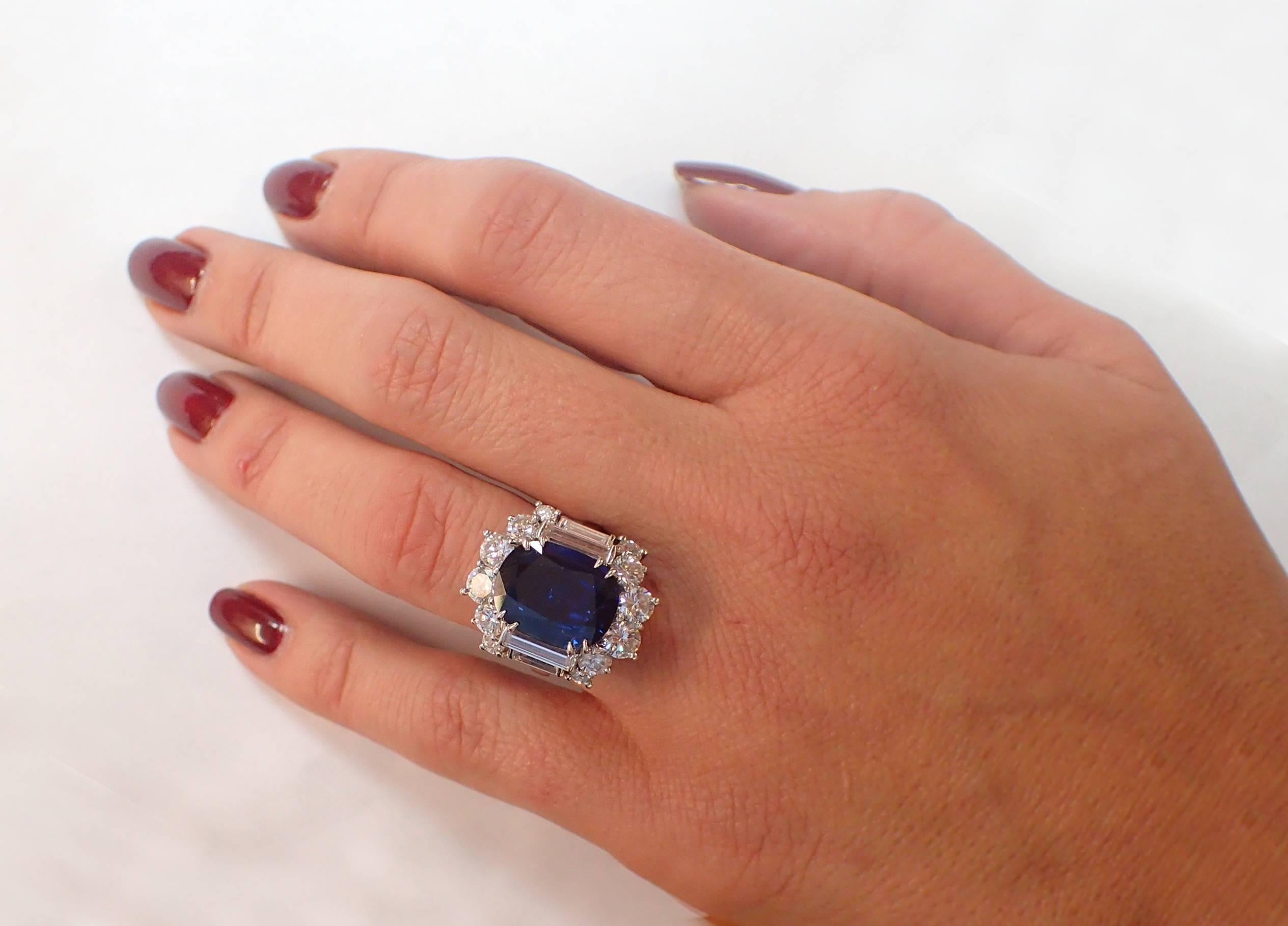 Women's 6.59 Carat Cushion Cut Blue Sapphire and Diamond Ring in Platinum