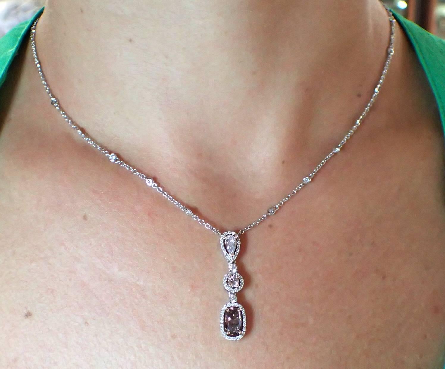 Contemporary Pink Diamond Drop Necklace in 18 Karat White Gold