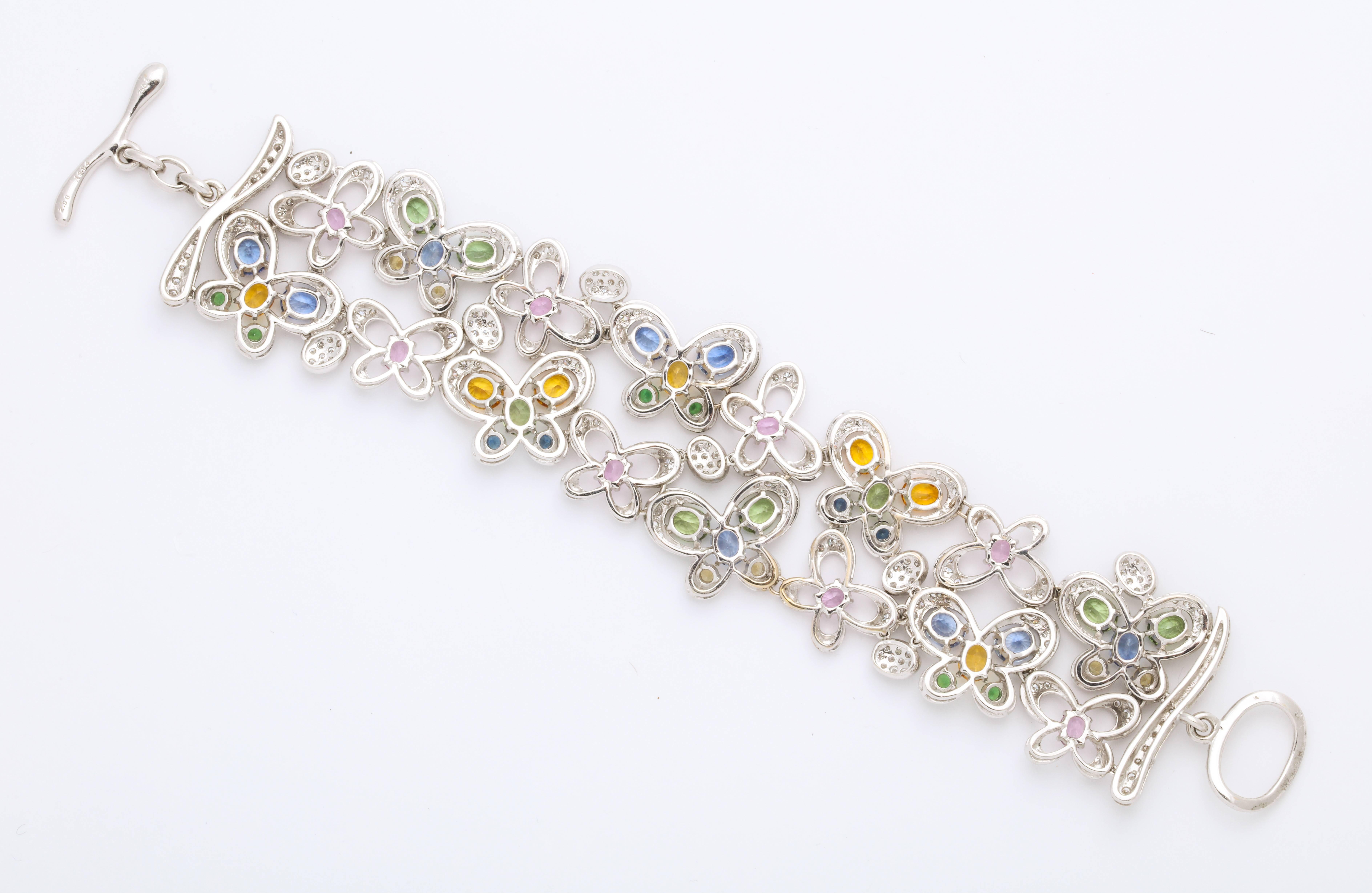 Modern White Gold and Diamond Multi-Color Sapphire Butterfly Strap Bracelet