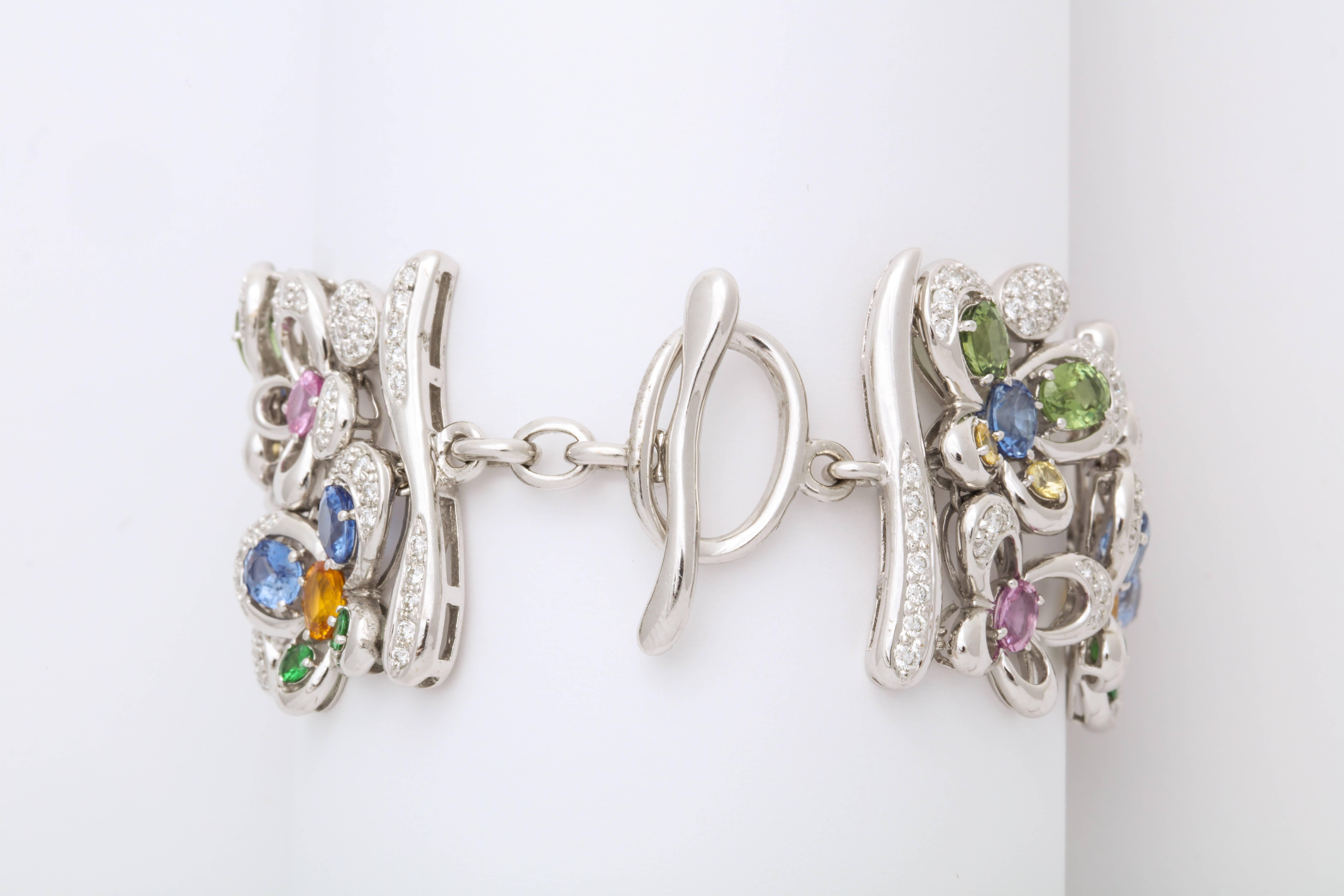 White Gold and Diamond Multi-Color Sapphire Butterfly Strap Bracelet In New Condition In New York, NY