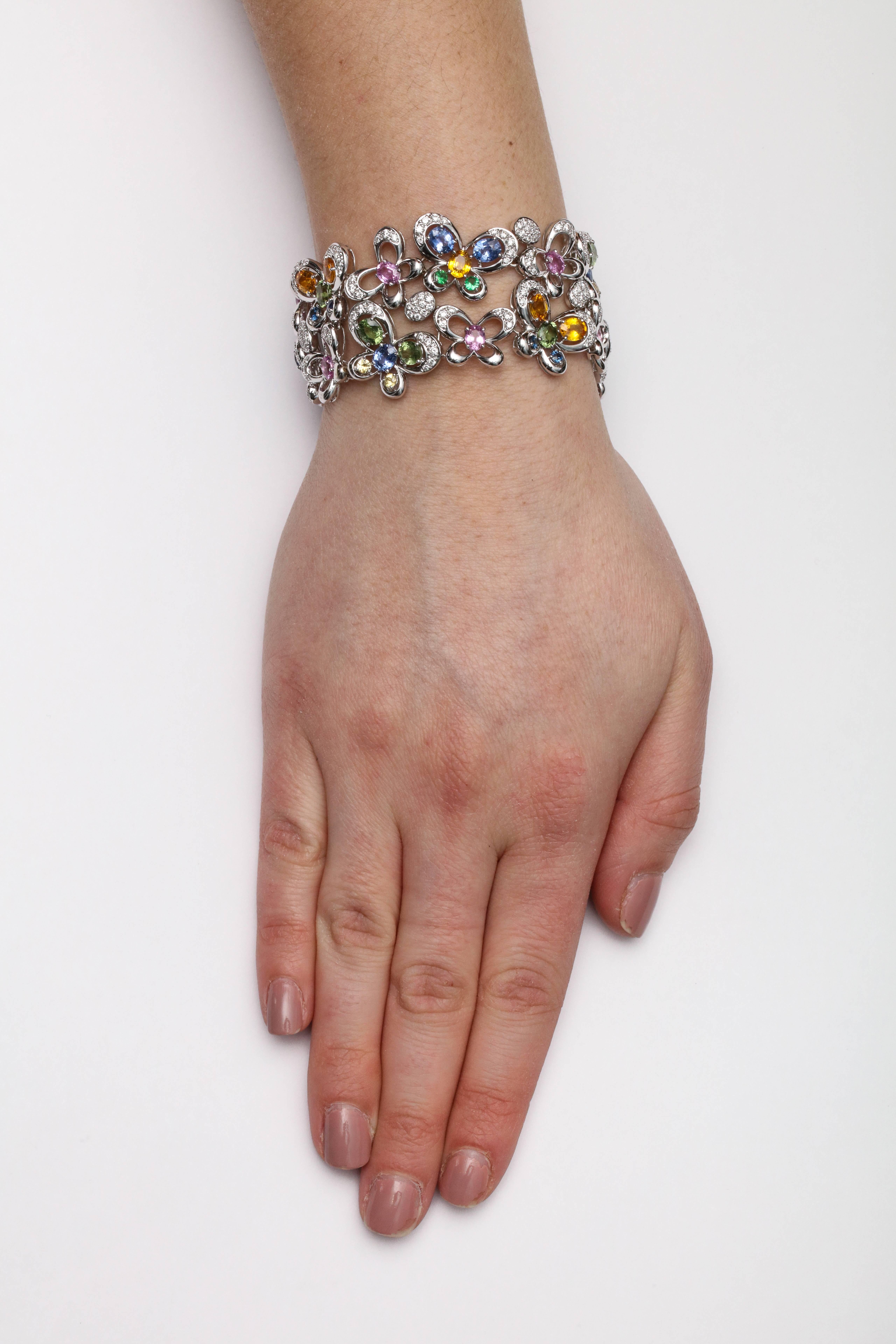Women's or Men's White Gold and Diamond Multi-Color Sapphire Butterfly Strap Bracelet