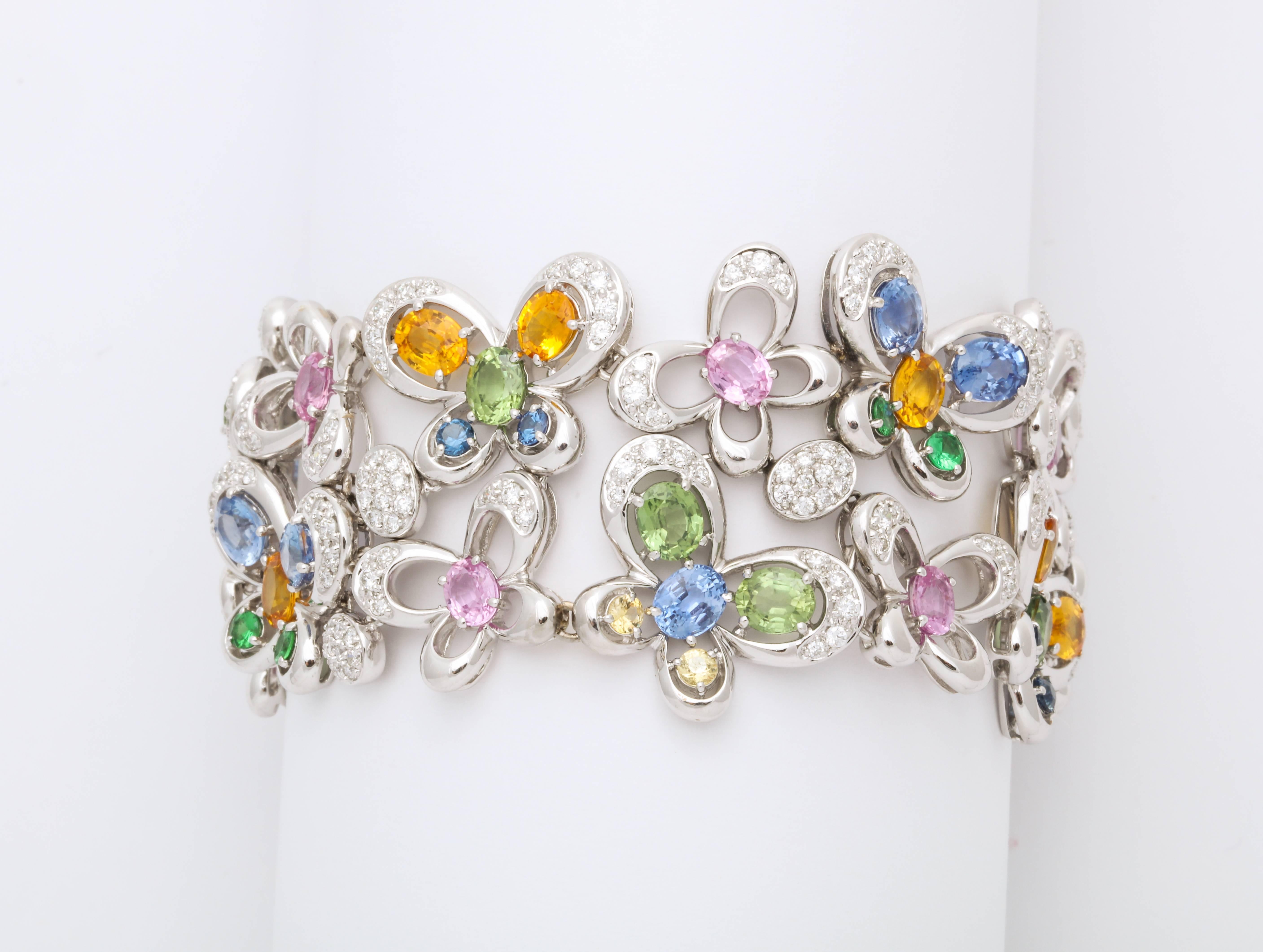 Round Cut White Gold and Diamond Multi-Color Sapphire Butterfly Strap Bracelet