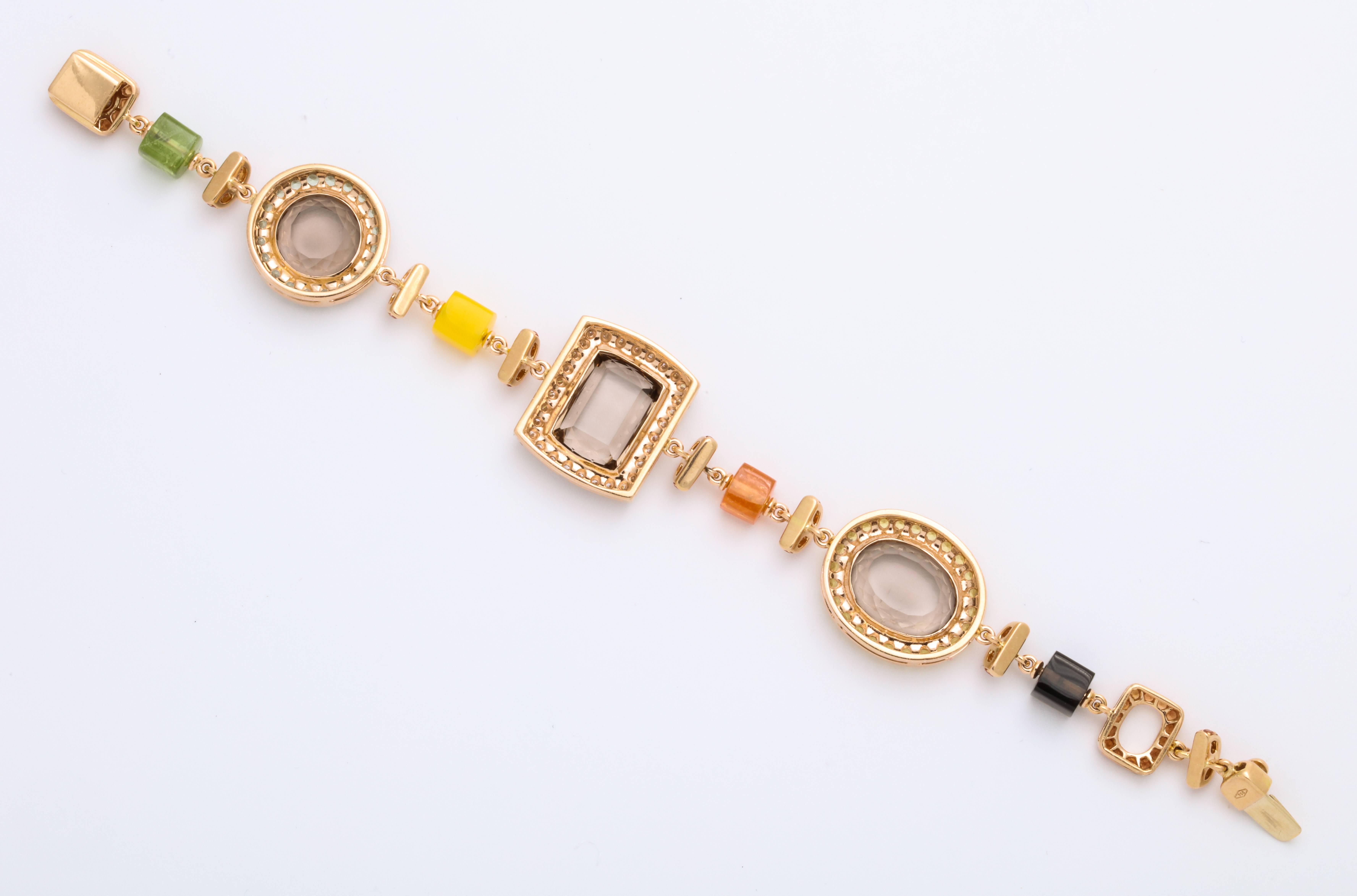 Women's or Men's Rose Gold Artistic Fancy Link Gemstone and Diamond Bracelet For Sale