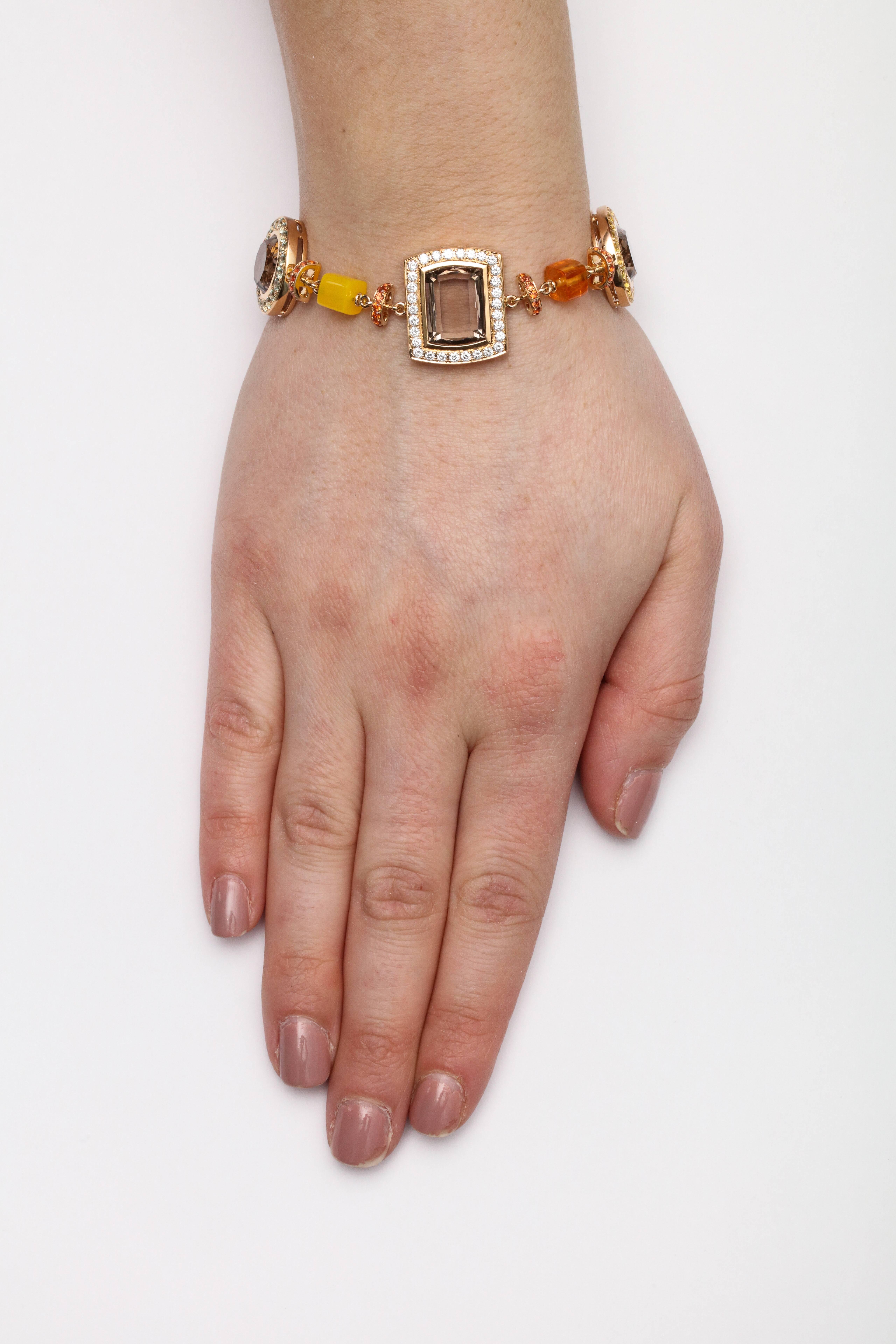 Rose Gold Artistic Fancy Link Gemstone and Diamond Bracelet For Sale 3