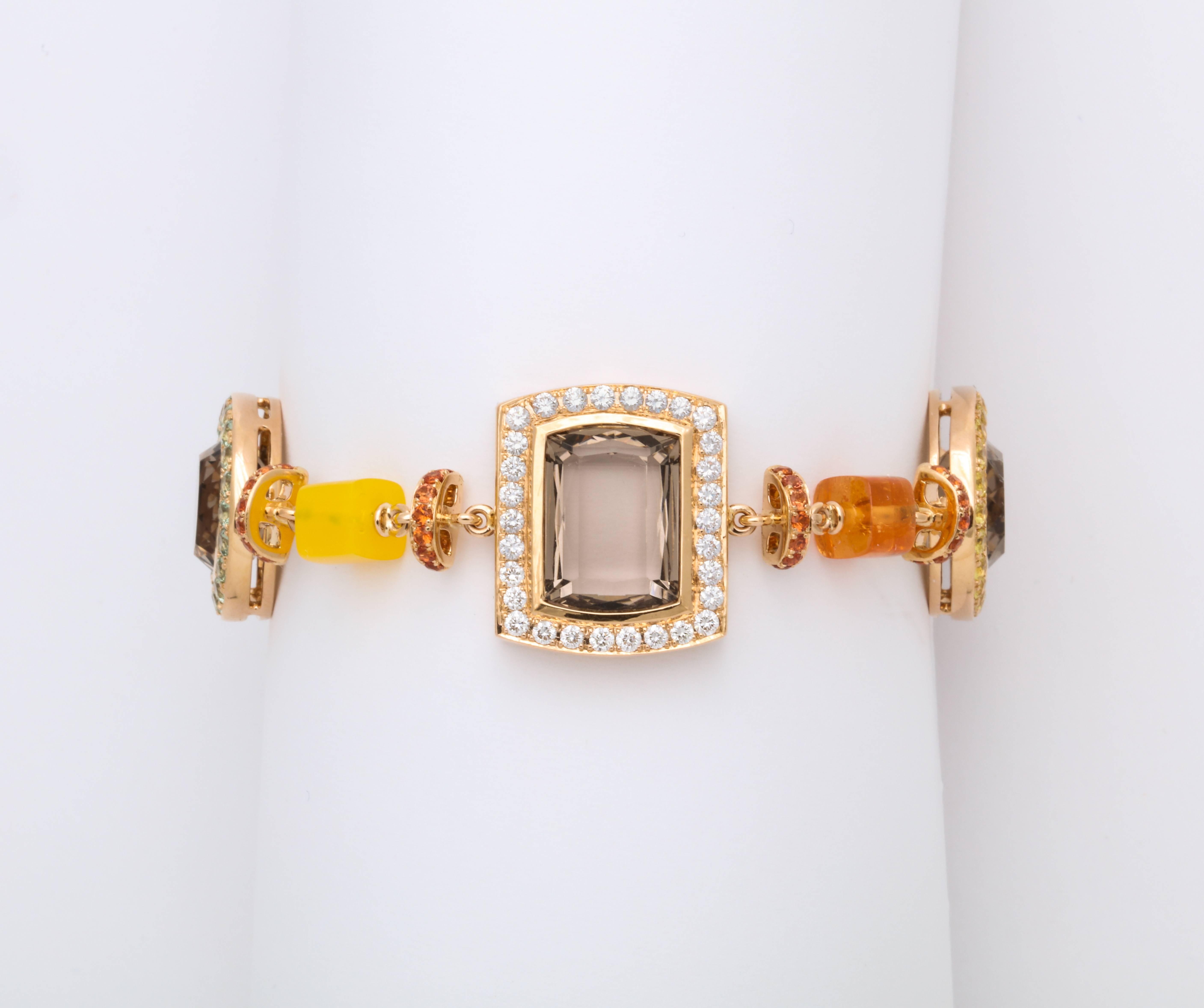 Rose Gold Artistic Fancy Link Gemstone and Diamond Bracelet For Sale 2