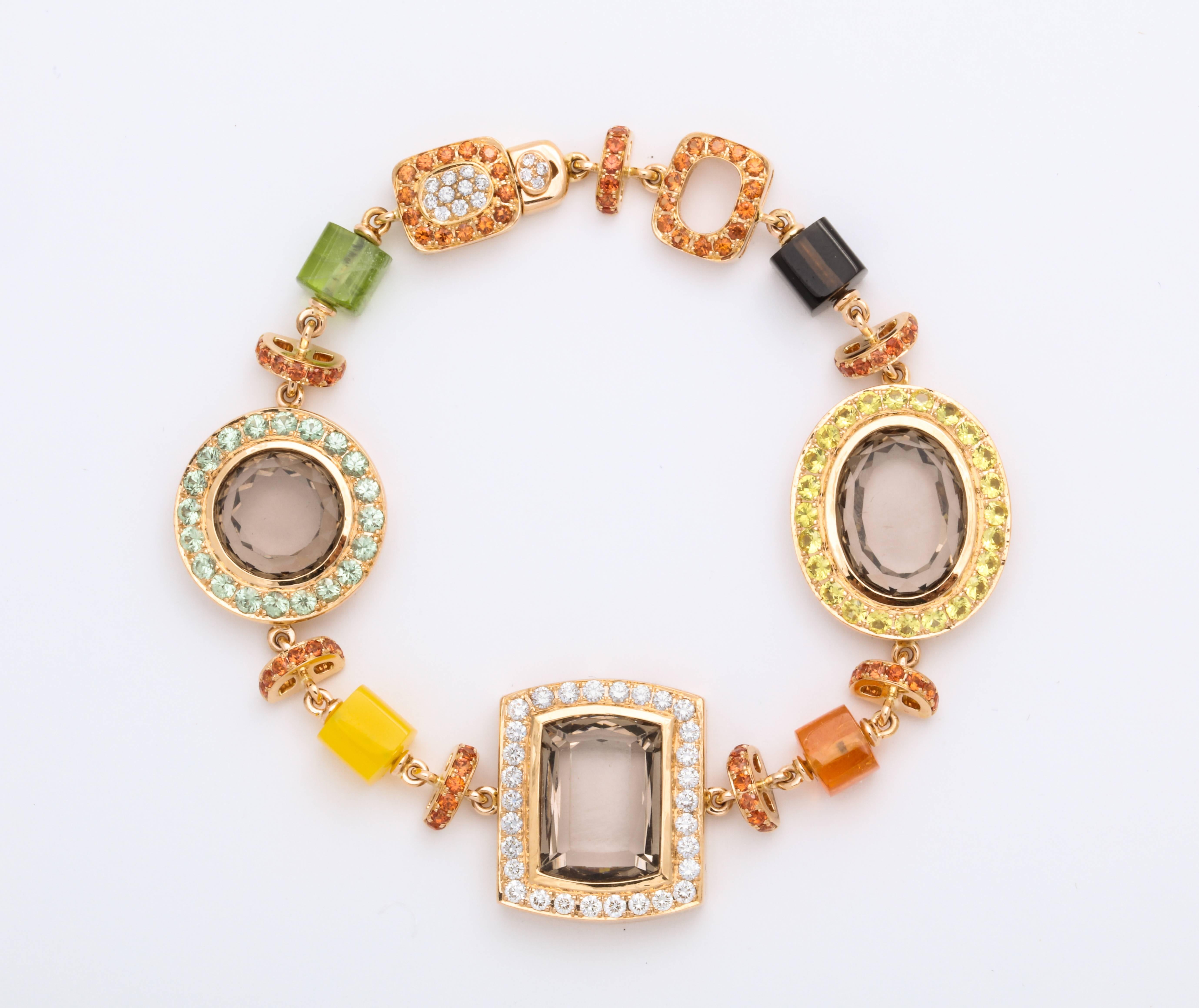Rose Gold Artistic Fancy Link Gemstone and Diamond Bracelet For Sale 1