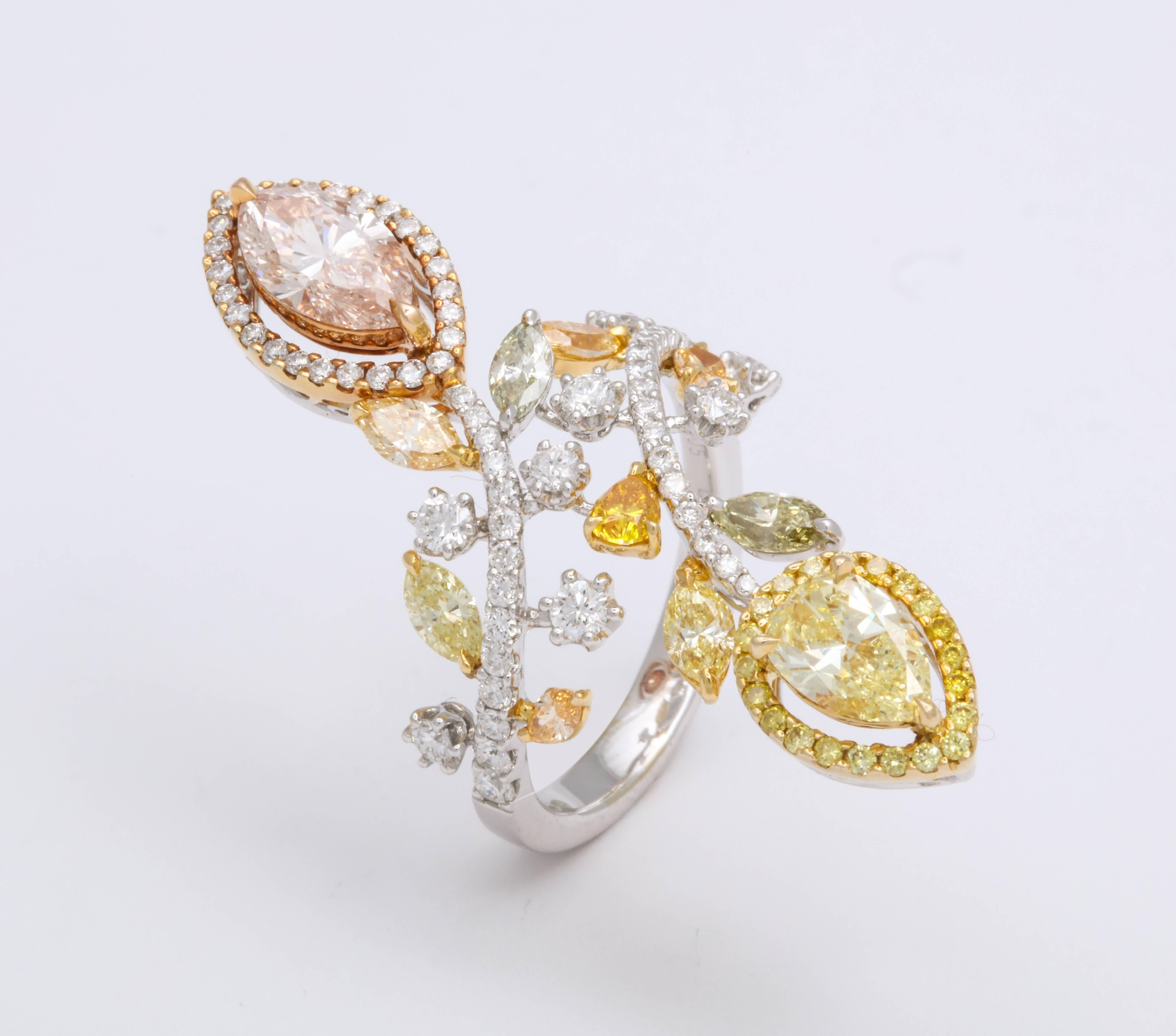 Marquise Cut 18 Karat White, Rose and Yellow Gold Toi Et Moi Cocktail Ring For Sale