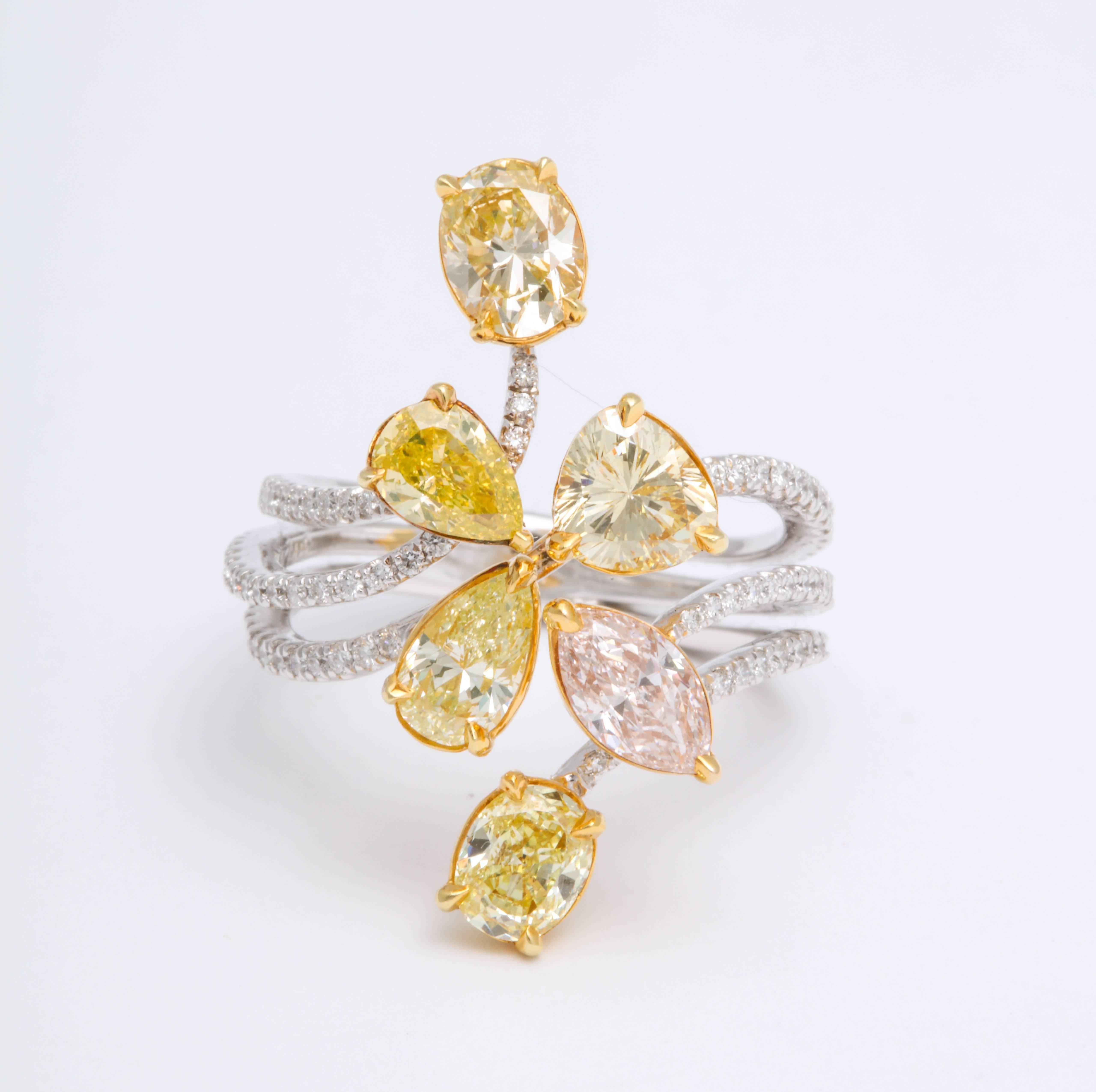 Modern 18 Karat White Gold and Yellow Gold Multi-Color Diamond Cluster Cocktail Ring