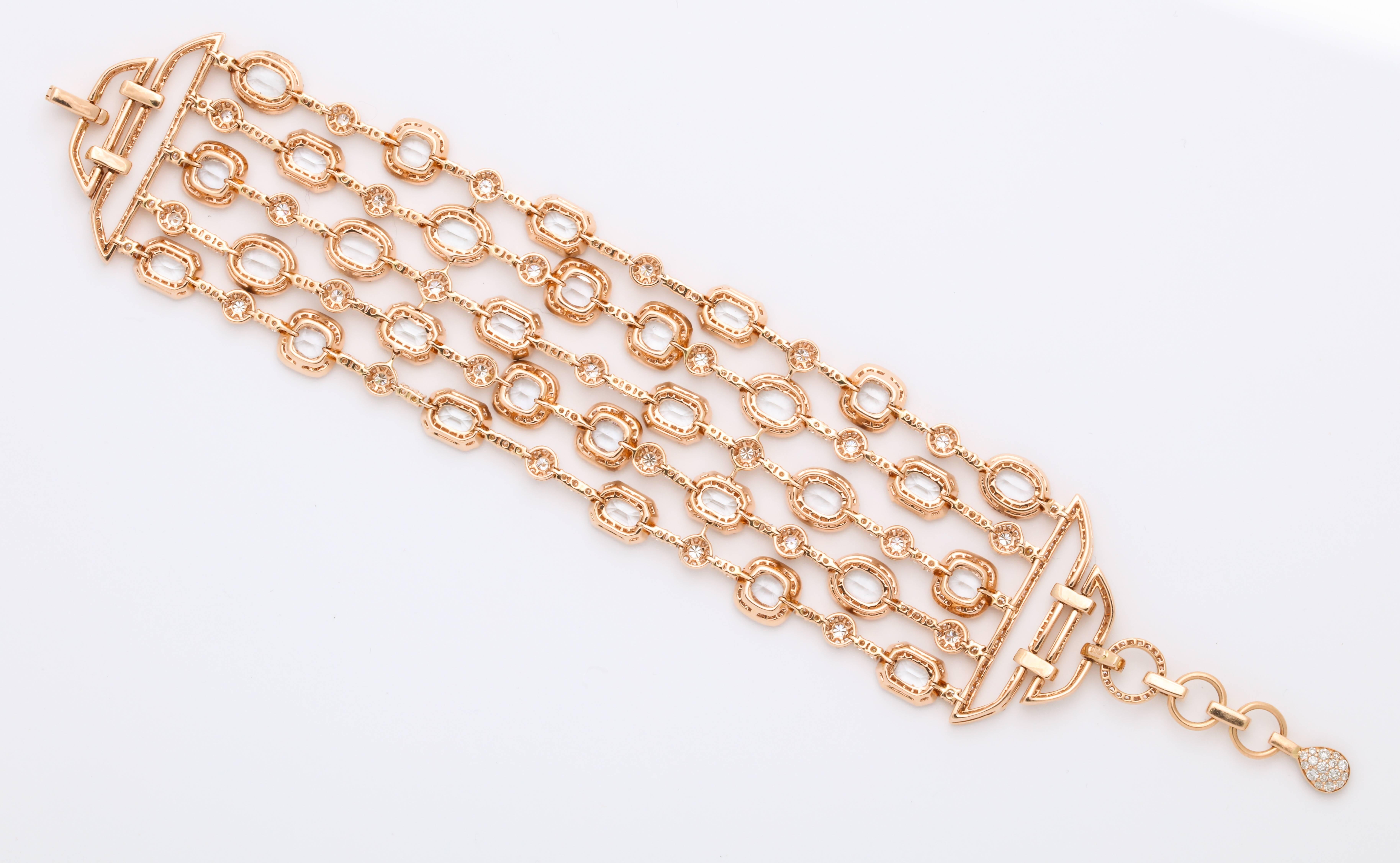 Contemporary Five Strand Diamond and White Sapphire Rose Gold Strap Bracelet For Sale