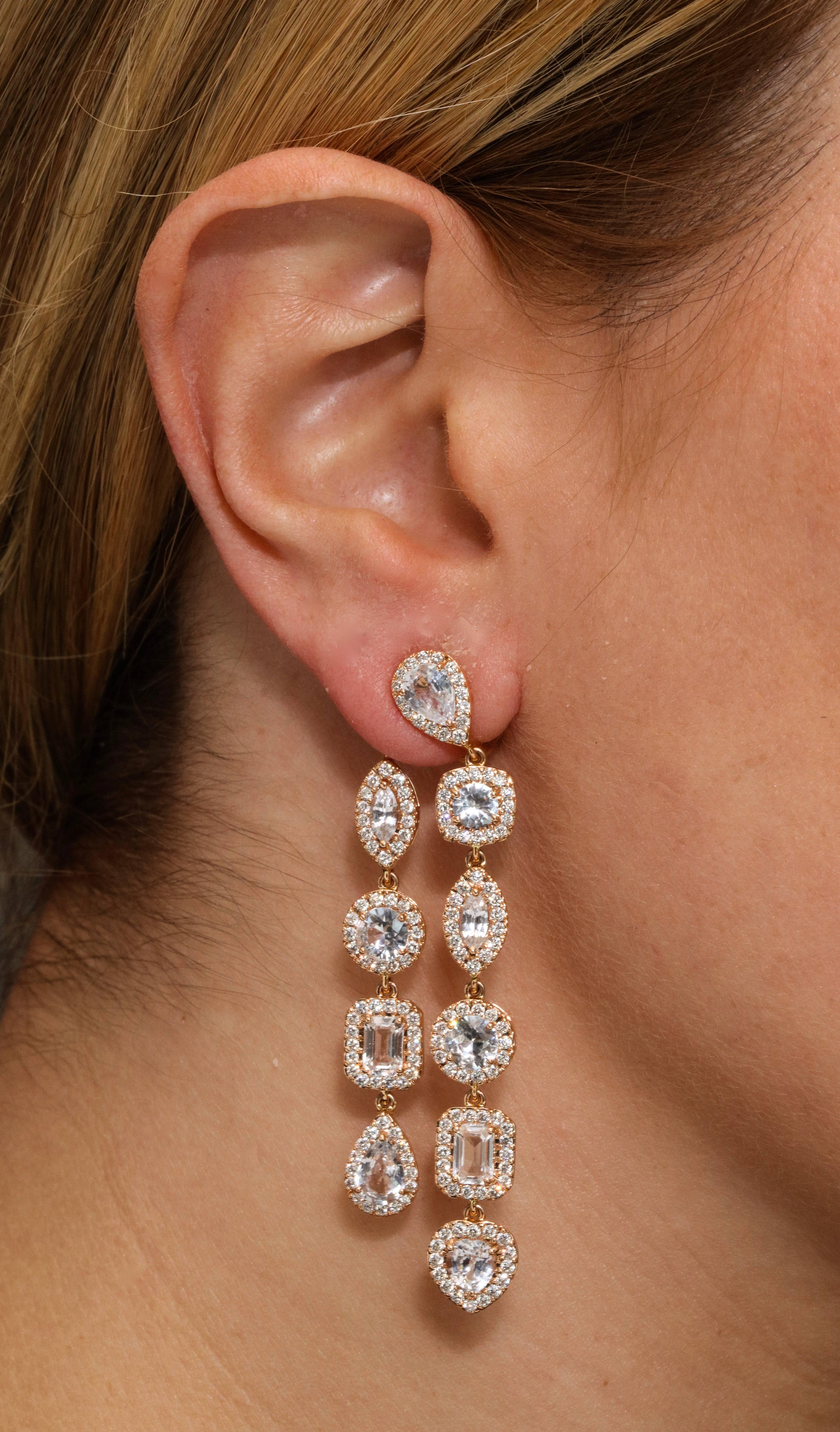 Round Cut Double Strand Diamond and White Sapphire Rose Gold Drop Earrings