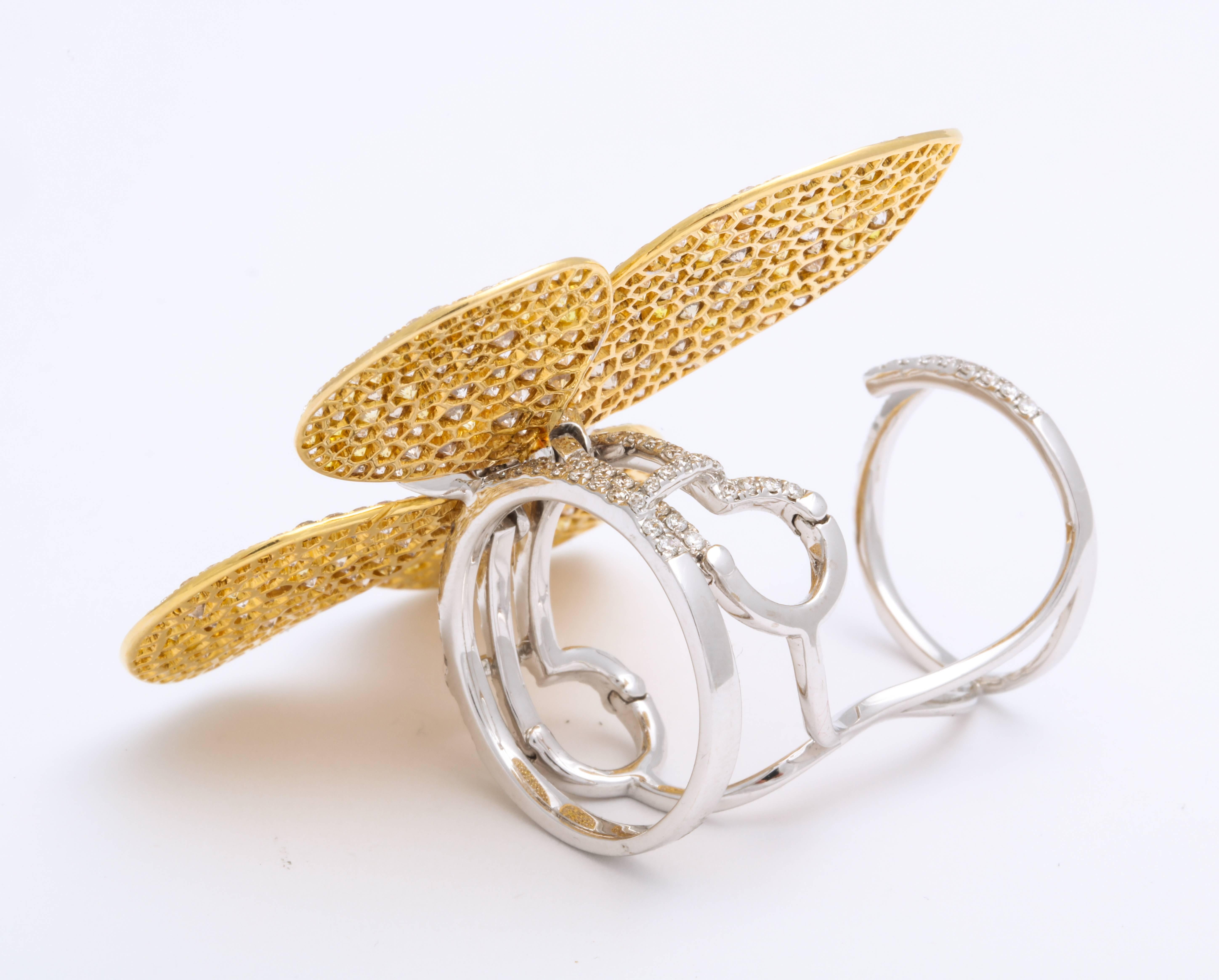 Modern Yellow Gold and Diamond Articulating Butterfly Cocktail Ring For Sale