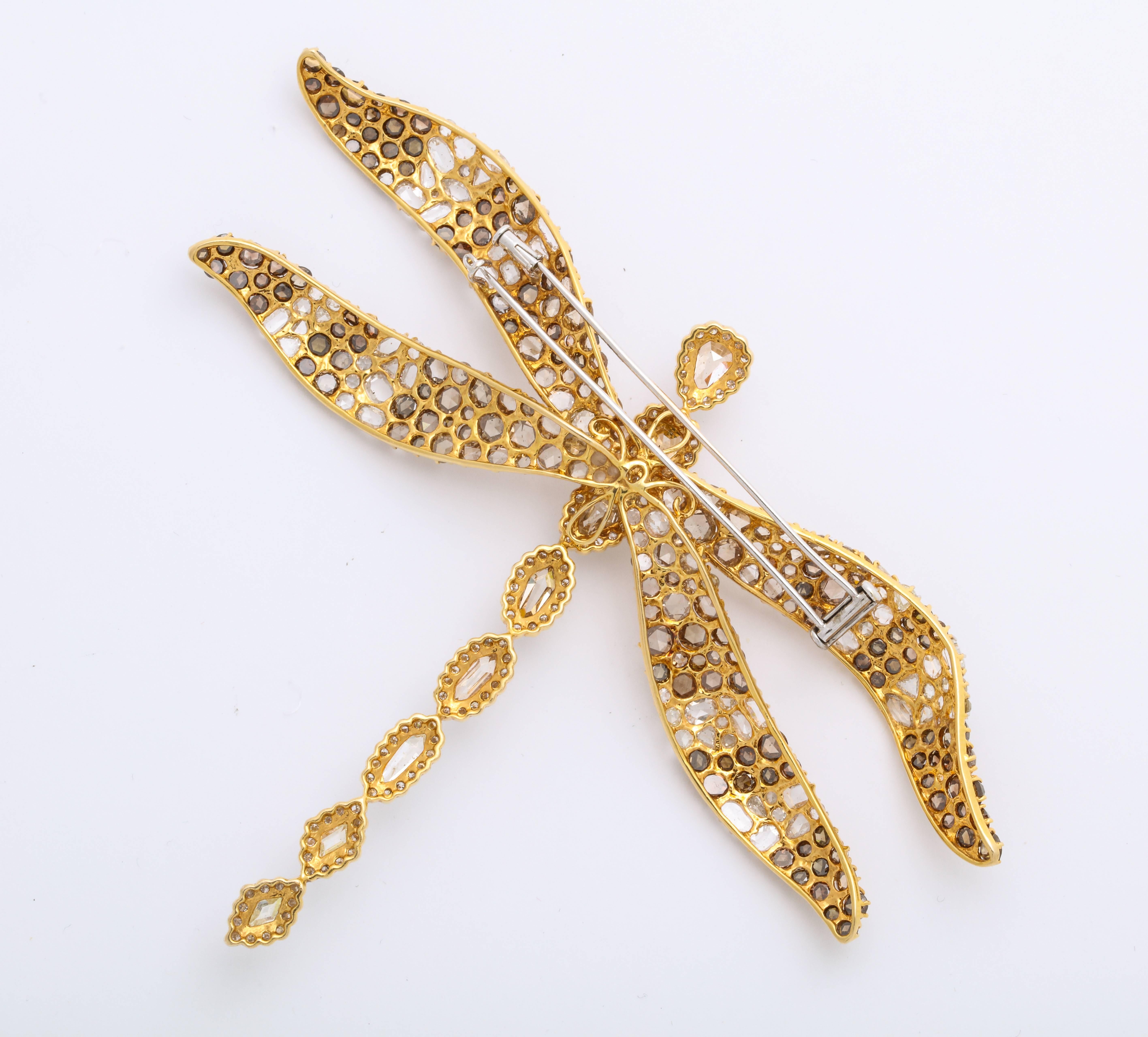 Rose Cut 18 Karat Yellow Gold Multi-Color Dragonfly Brooch For Sale
