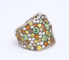 Wave Mixed Stone 18 Karat White Gold  Cigar Band Ring