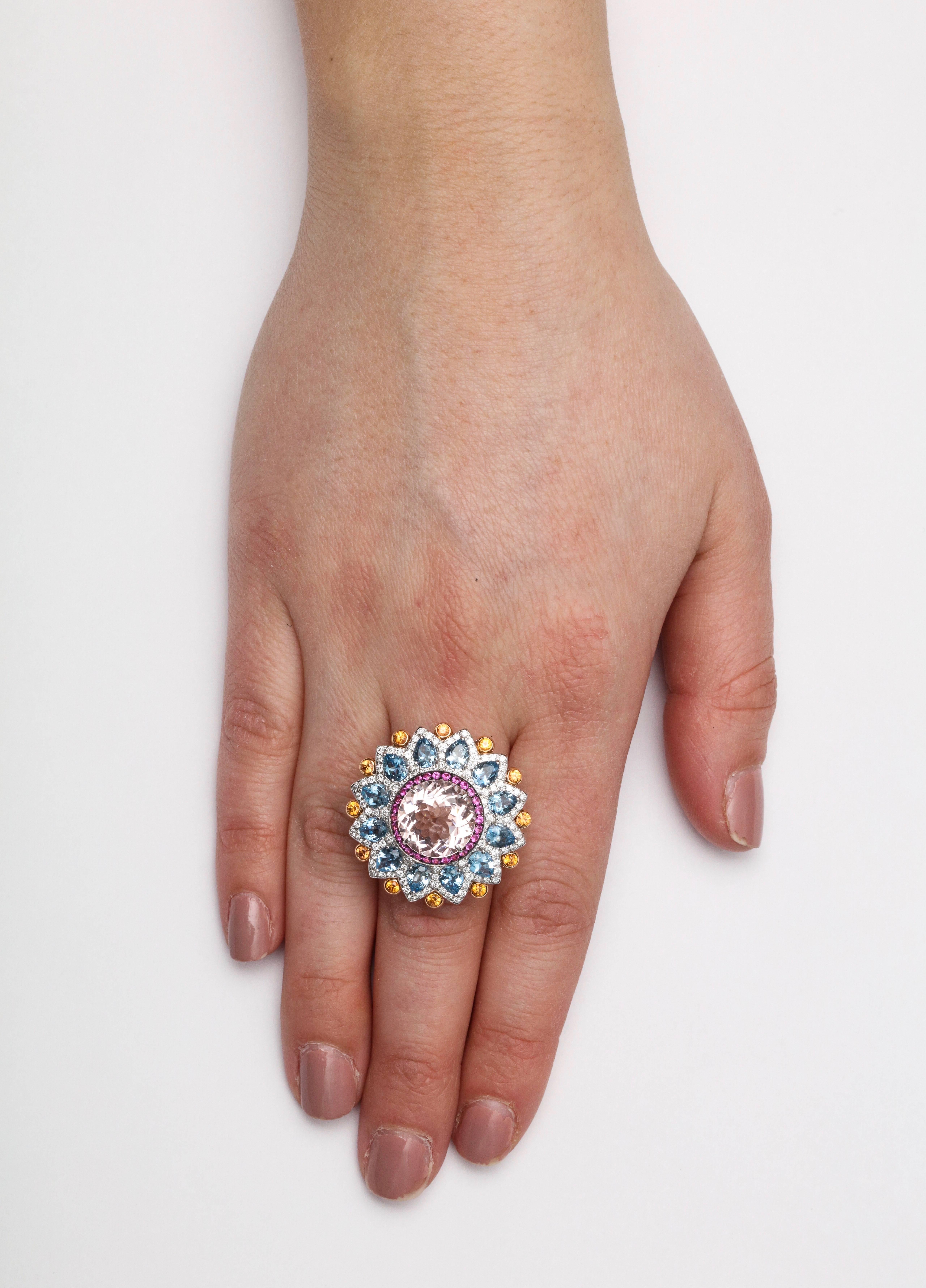 Multi-Color Kaleidoscope Sapphire and Diamond Cocktail Ring In New Condition In New York, NY