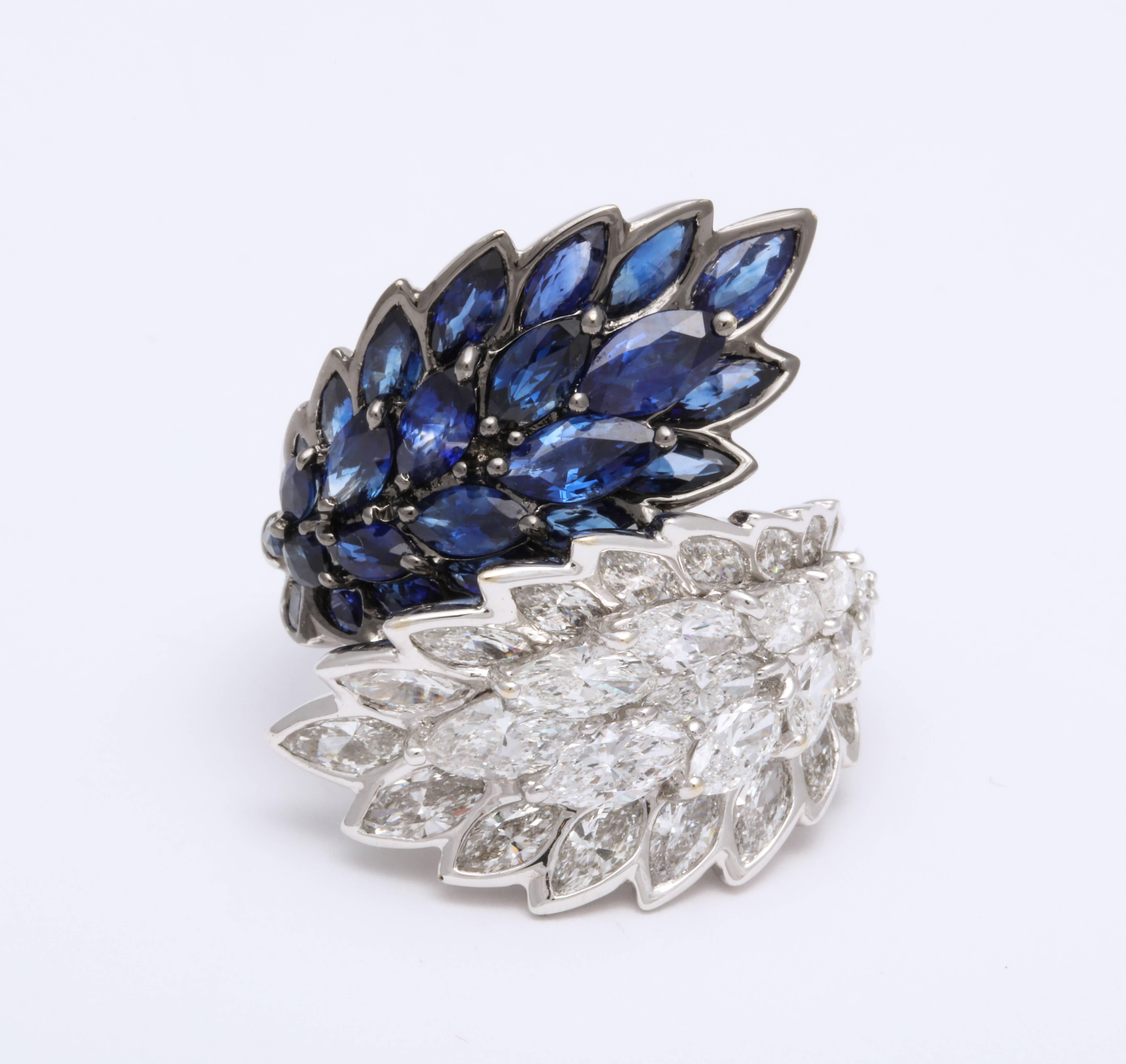 Marquise Cut Sapphire and Diamond 18 Karat White Gold  By-Pass Cocktail Ring For Sale