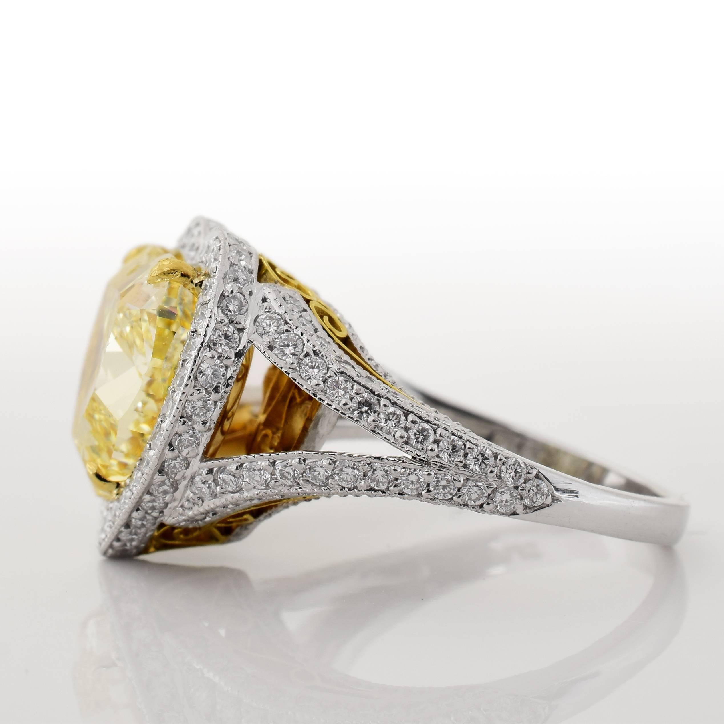 7.12 Carat Fancy Yellow Heart Shaped Diamond Platinum Ring In Excellent Condition For Sale In Los Angeles, CA