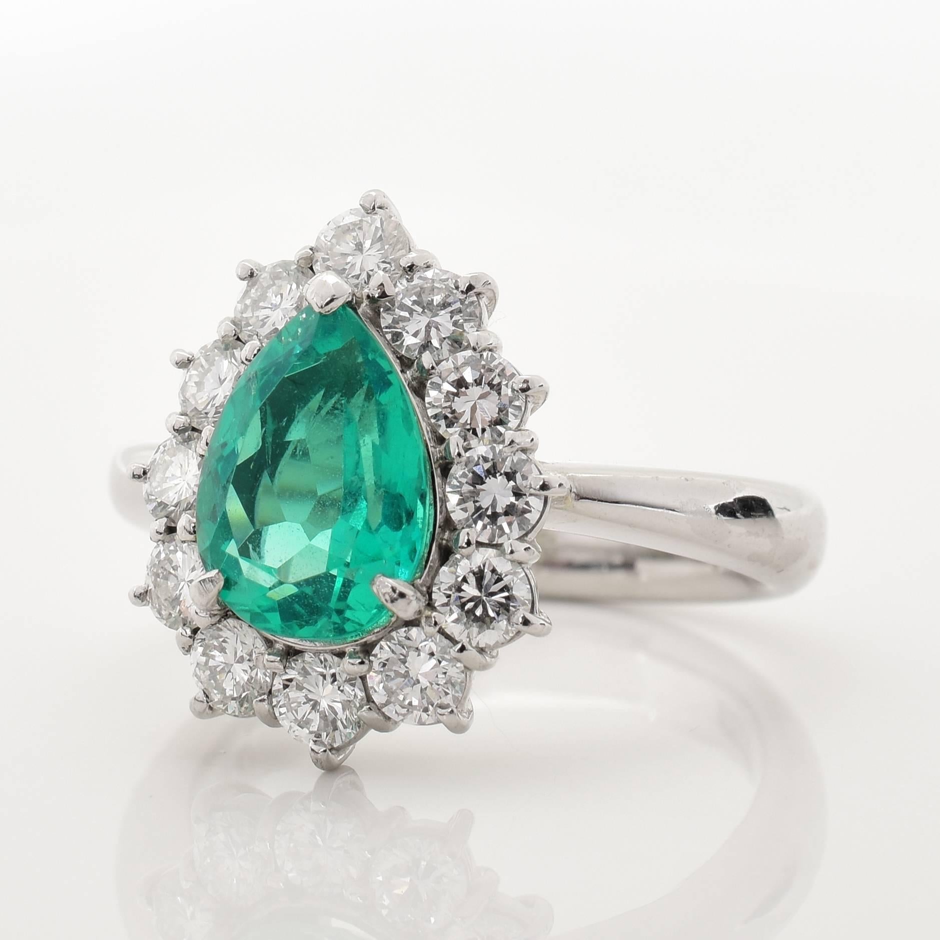 Pear Cut .95 Carat Emerald Diamond Platinum Ring For Sale