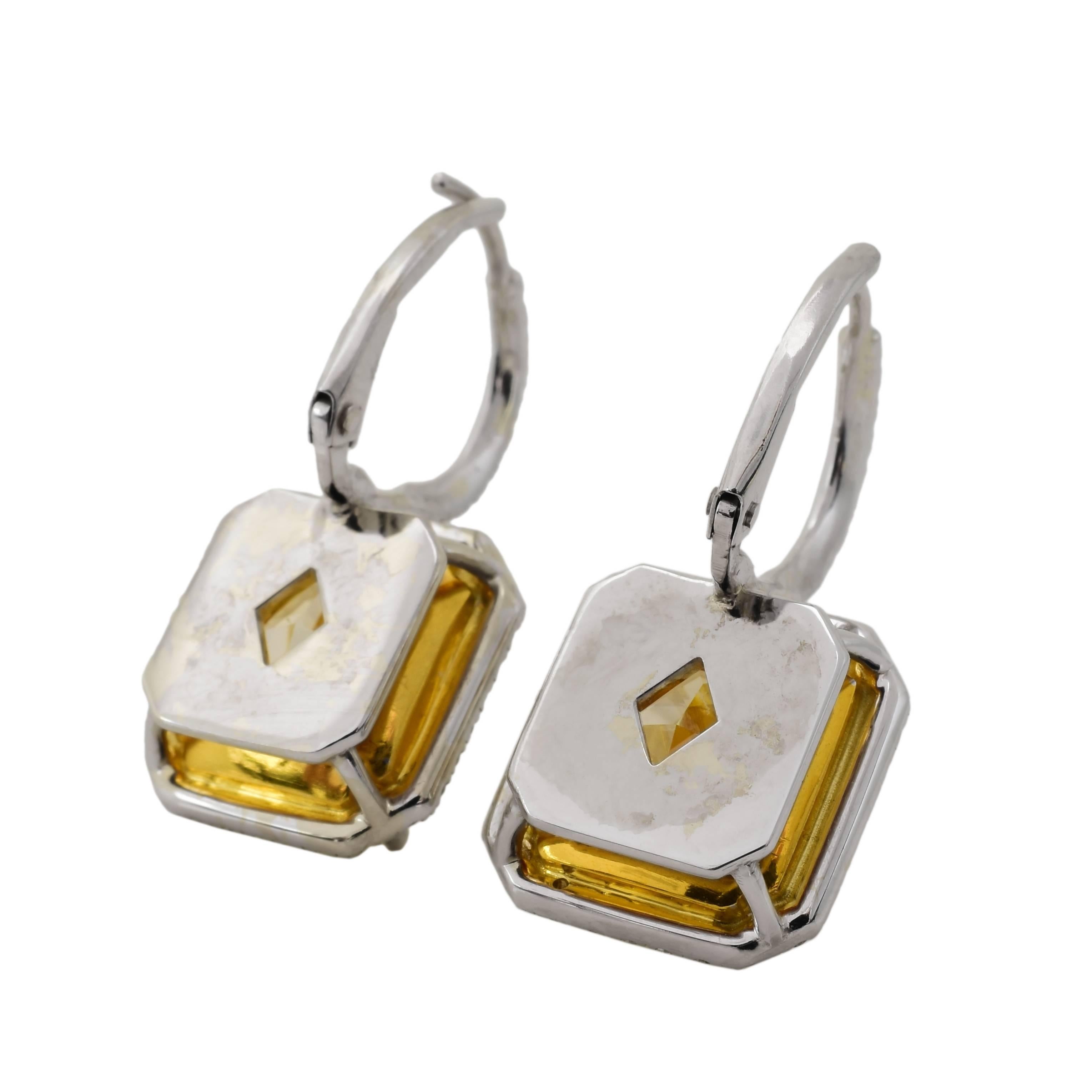 Cushion Cut Fancy Yellow Diamond Gold Platinum Drop Earrings For Sale