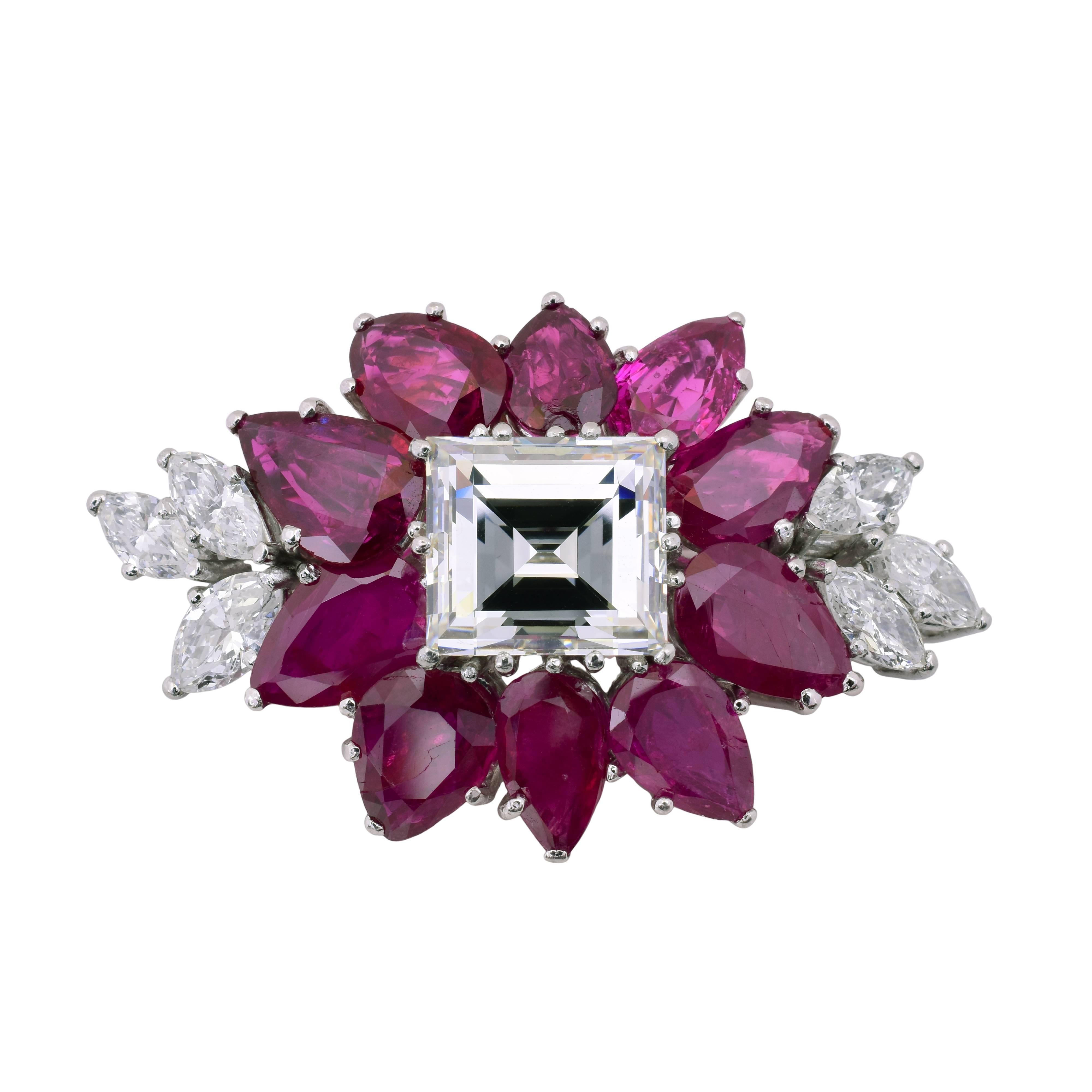 1960s Cartier 4.24 Carat Diamond Ruby Platinum Brooch For Sale