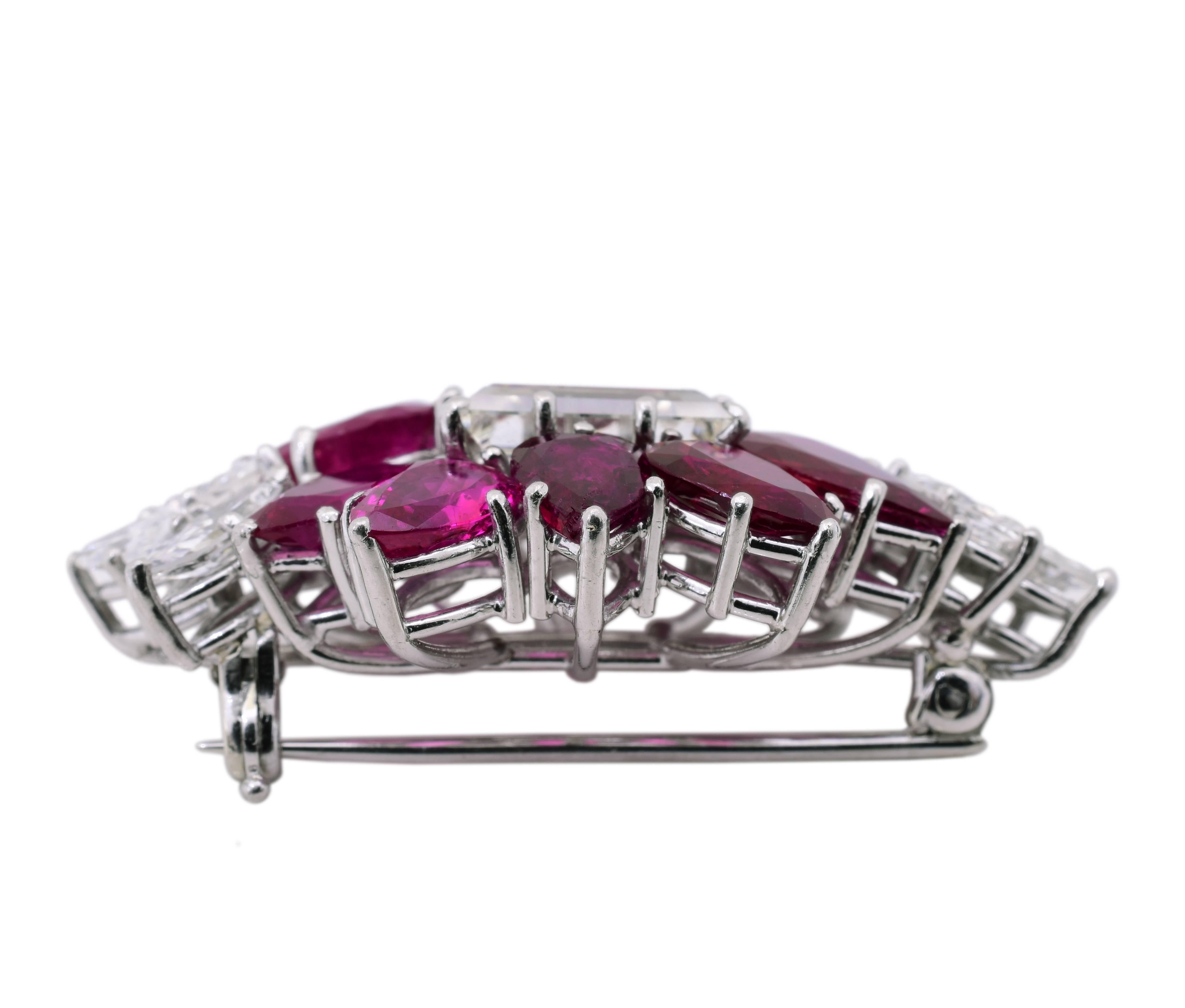 Emerald Cut 1960s Cartier 4.24 Carat Diamond Ruby Platinum Brooch For Sale