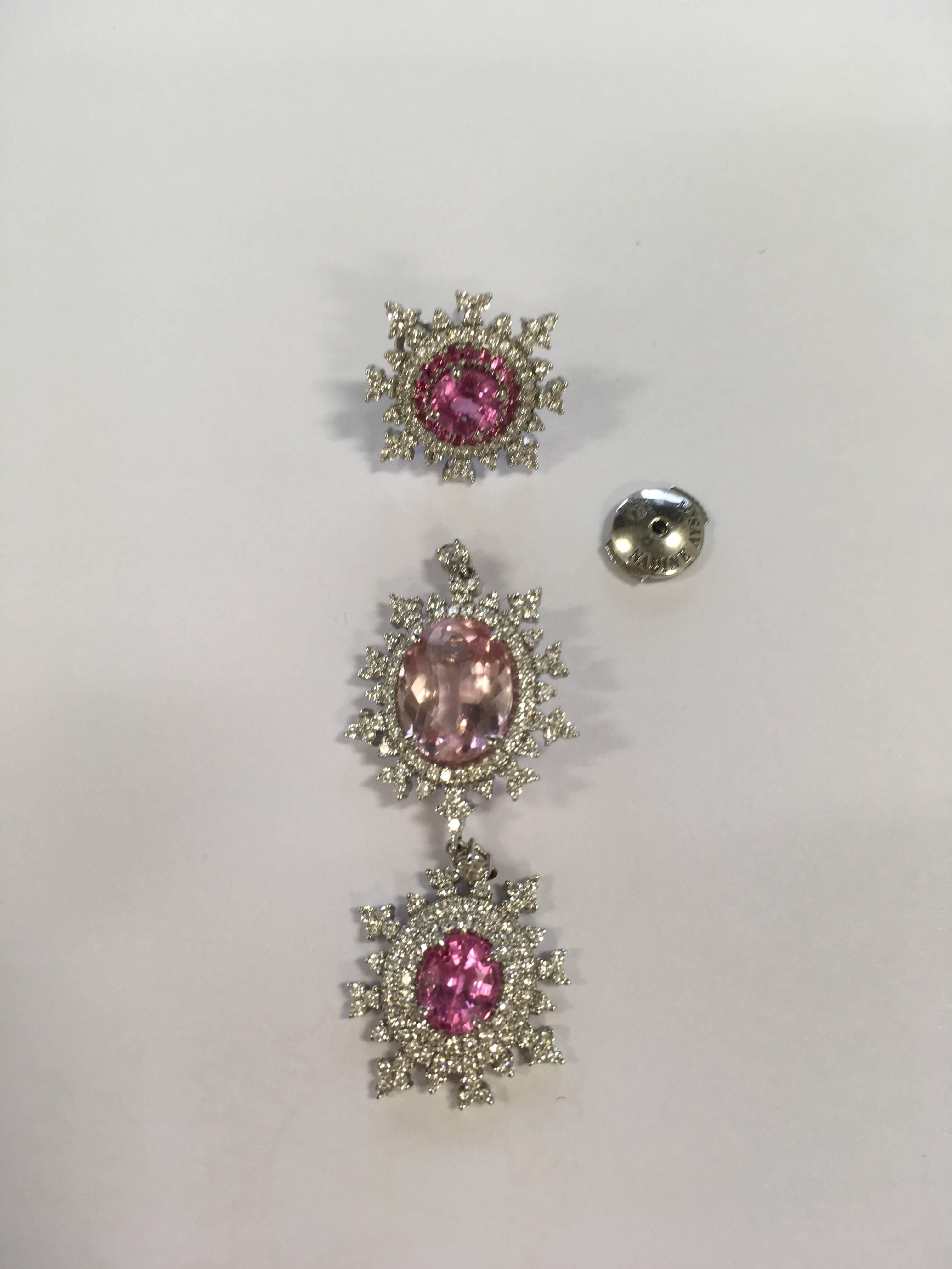 Women's 18 Karat White Gold, Pink Sapphire, Morganite and White Diamond Long Earrings For Sale